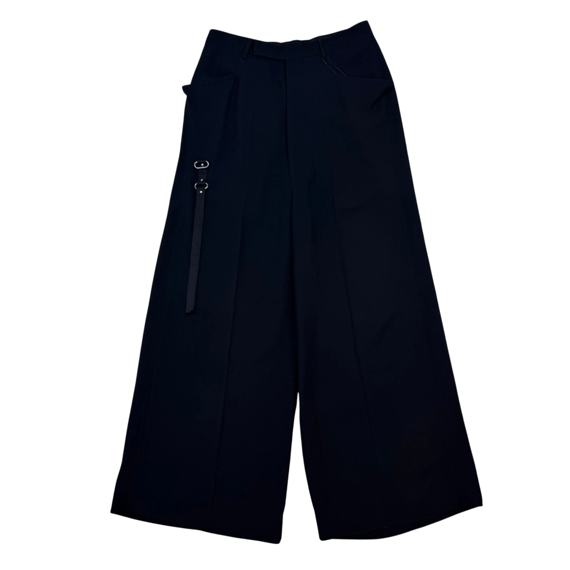 Zenno Archive Rick Owens FW19 Larry black wool harness trousers with wide-leg fit and silver hardware detail.