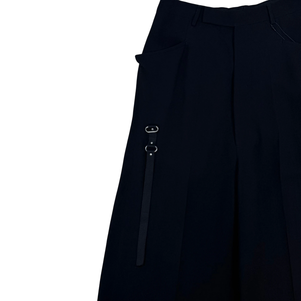 Zenno Archive Rick Owens FW19 Larry black wool trousers featuring a distinctive harness strap and metal hardware.