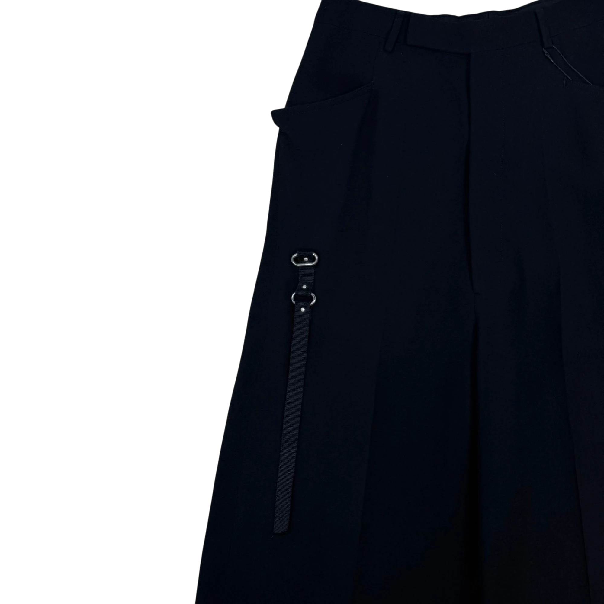 Zenno Archive Rick Owens FW19 Larry black wool trousers featuring a distinctive harness strap and metal hardware.