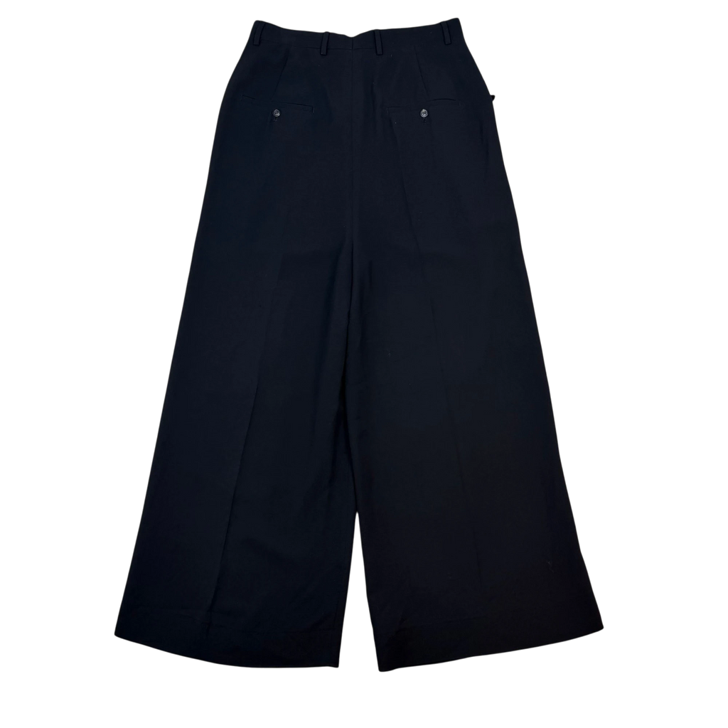 Zenno Archive Rick Owens FW19/20 Larry black wool harness trousers with a wide-leg silhouette and buttoned back pockets.