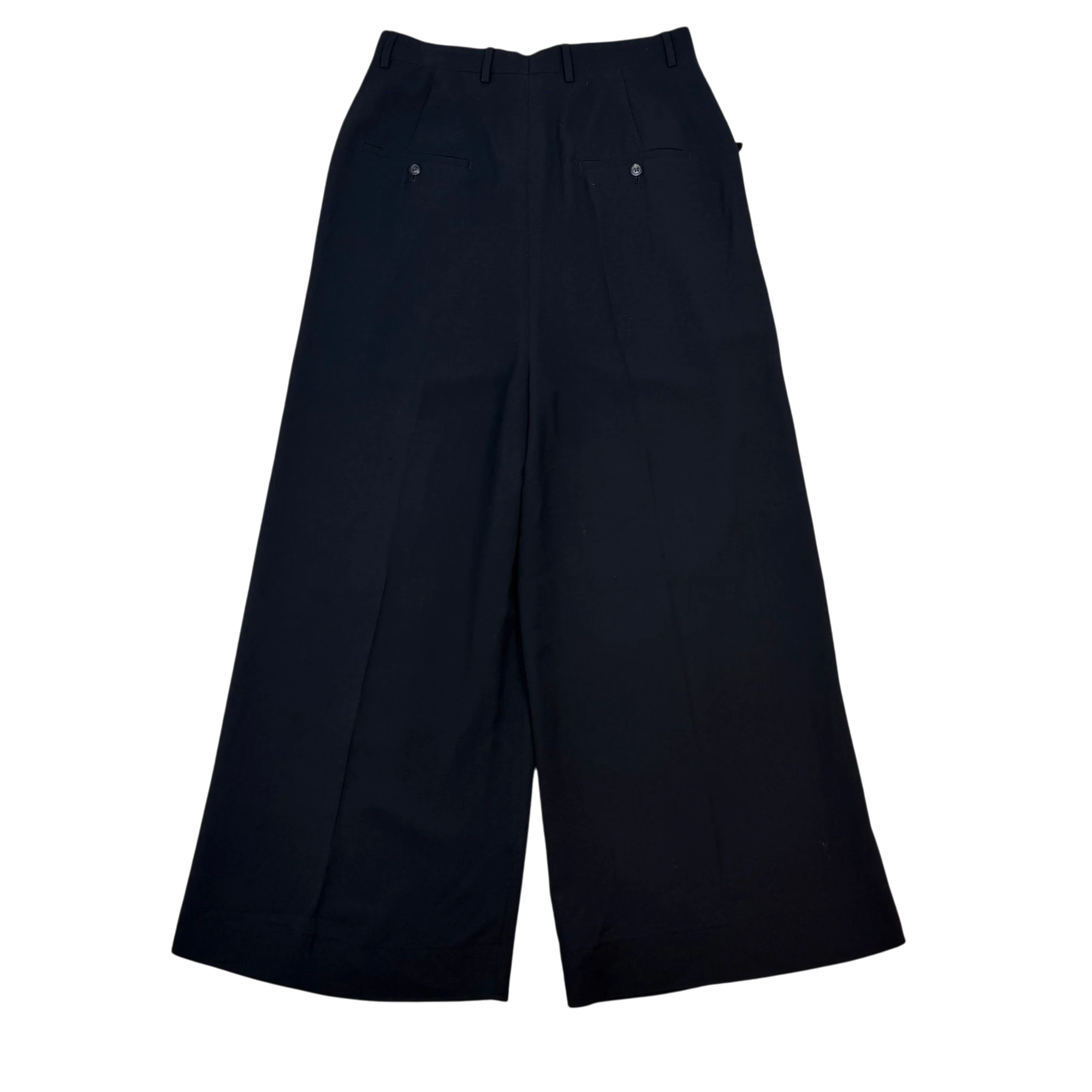 Zenno Archive Rick Owens FW19/20 Larry black wool harness trousers with a wide-leg silhouette and buttoned back pockets.