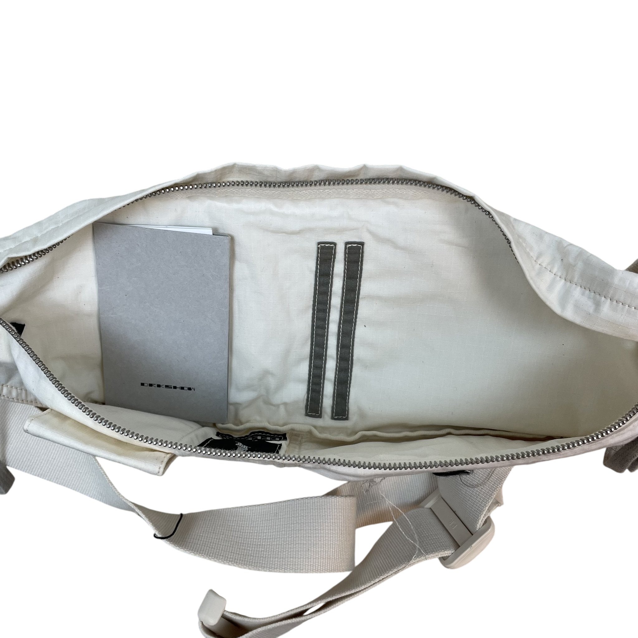 Zenno Archive Rick Owens DRKSHDW Aliens ivory canvas belt bag interior with zipper and brand tag