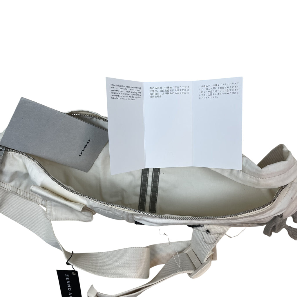 Zenno Archive Rick Owens DRKSHDW ivory canvas belt bag interior with product care tags and zipper detail
