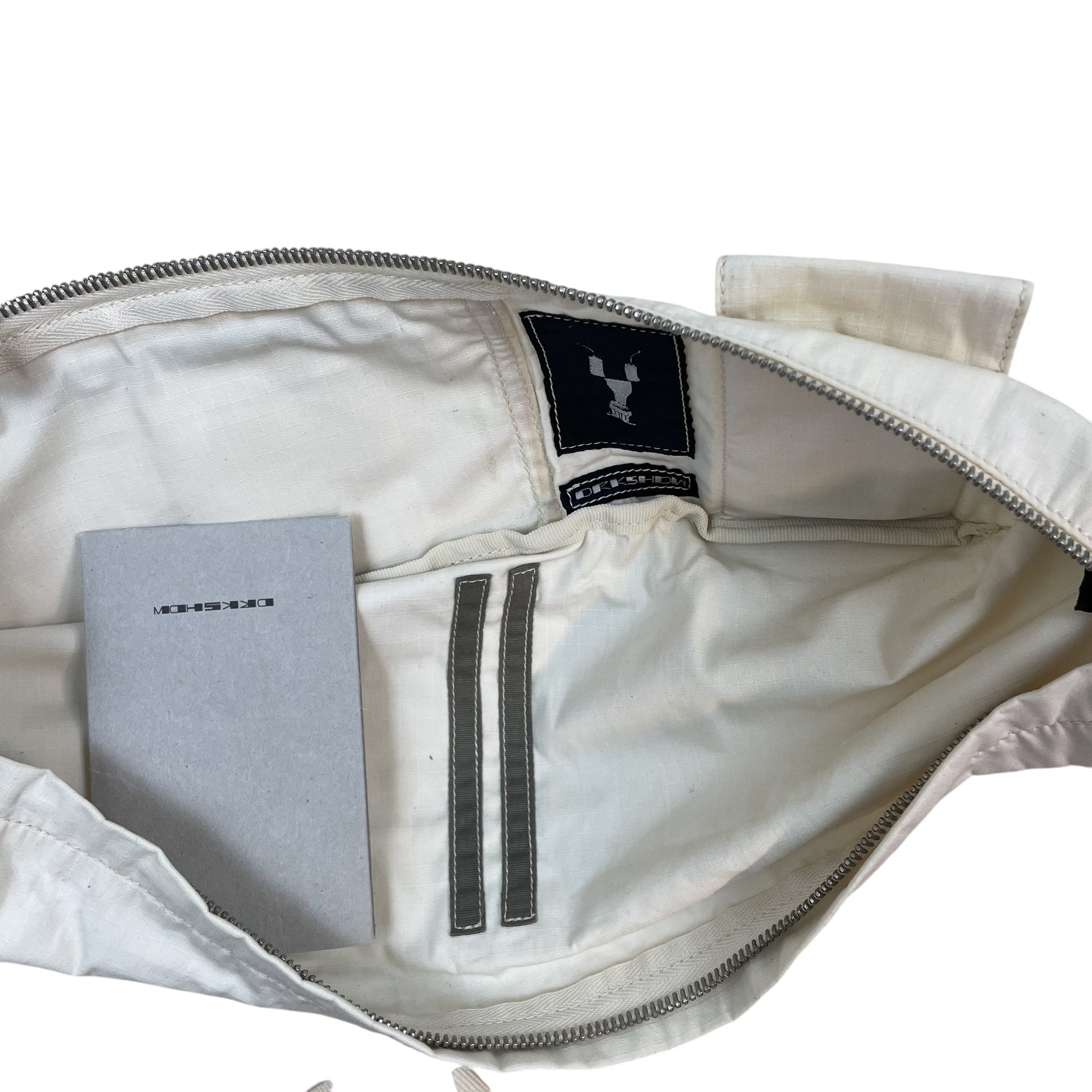 Zenno Archive Rick Owens DRKSHDW ivory canvas belt bag interior with branded patch and tag