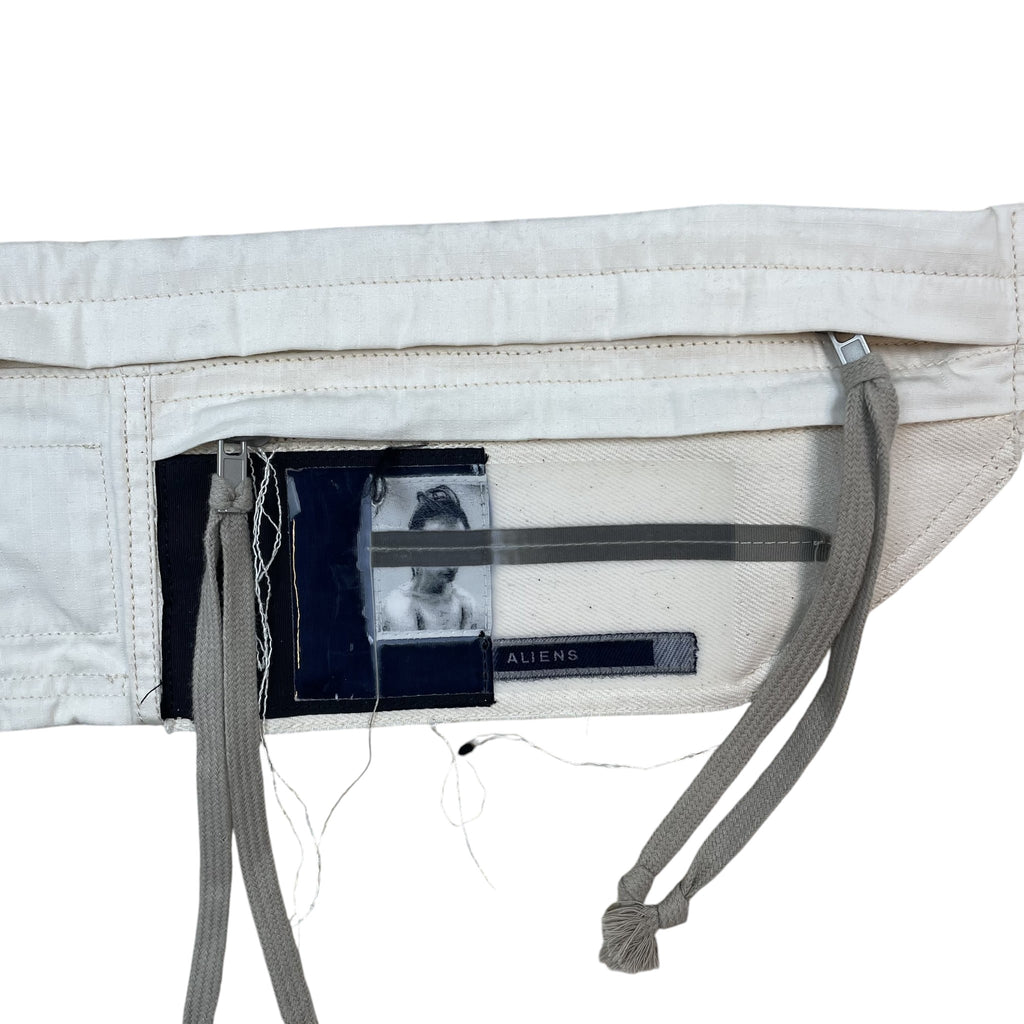 Zenno Archive Rick Owens DRKSHDW ivory canvas belt bag with Aliens graphic patch and grey drawstring zipper pulls