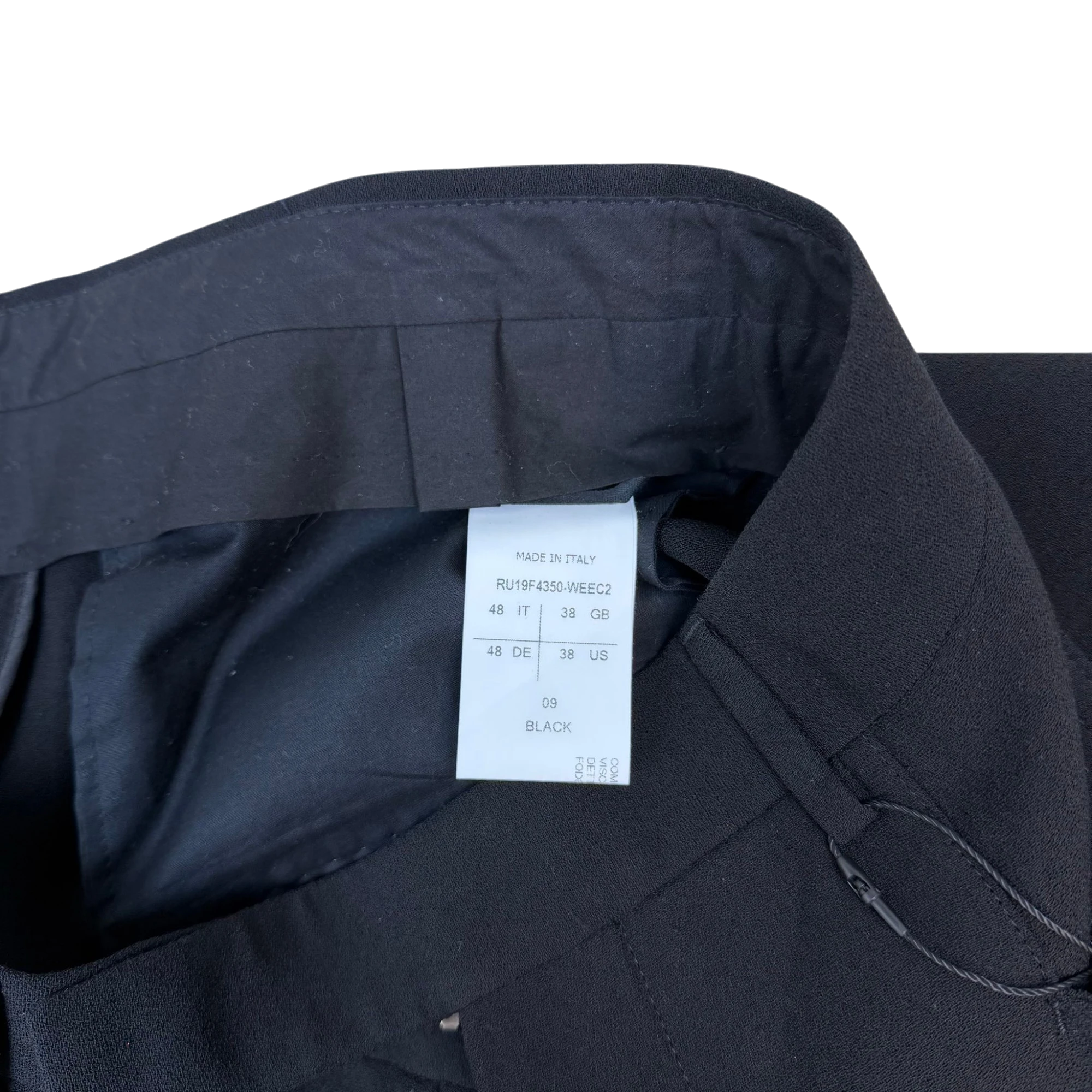 Zenno Archive Rick Owens FW19 Larry wool harness trousers in black with internal size and origin tag