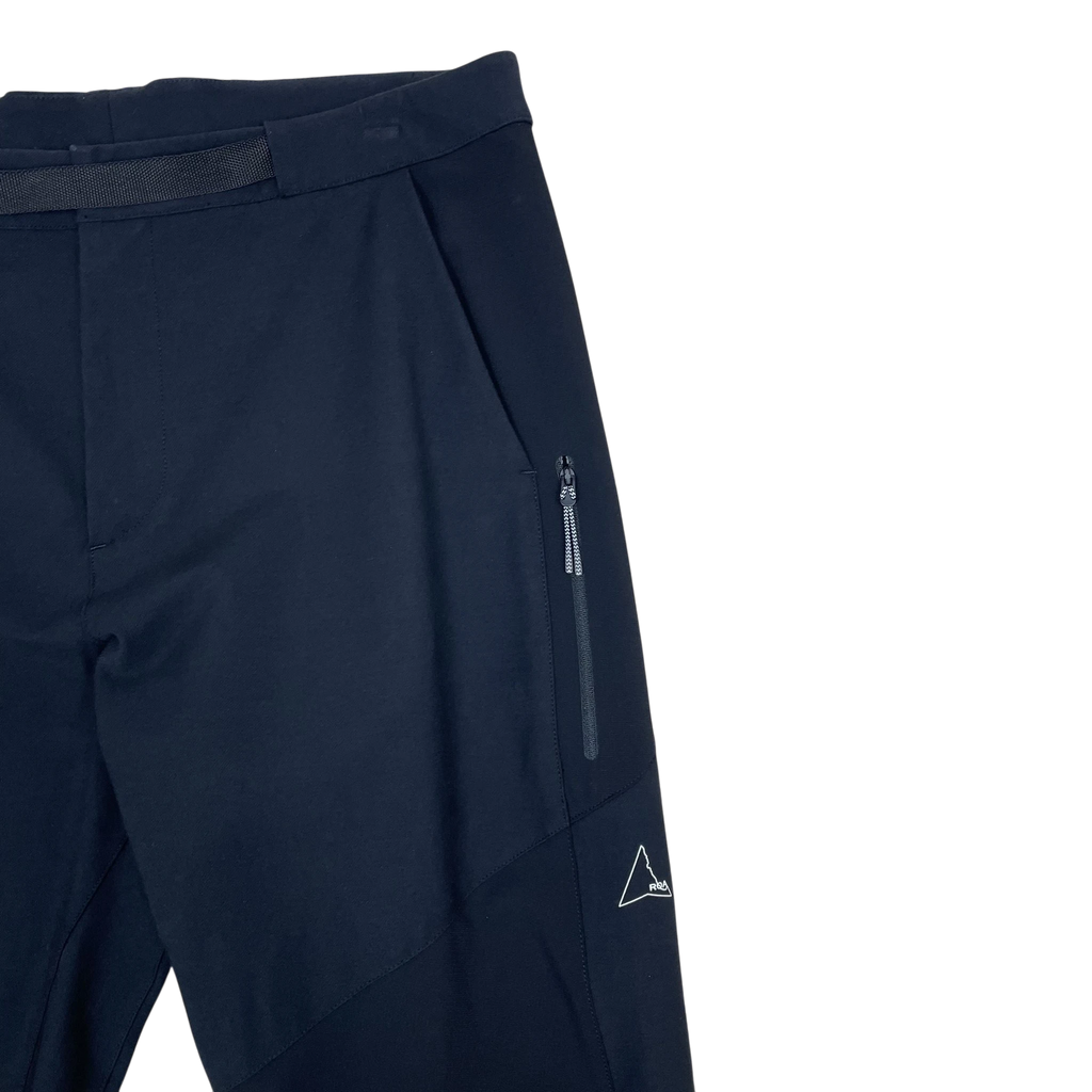Zenno Archive ROA black softshell technical pants with zippered side pocket and white logo detail