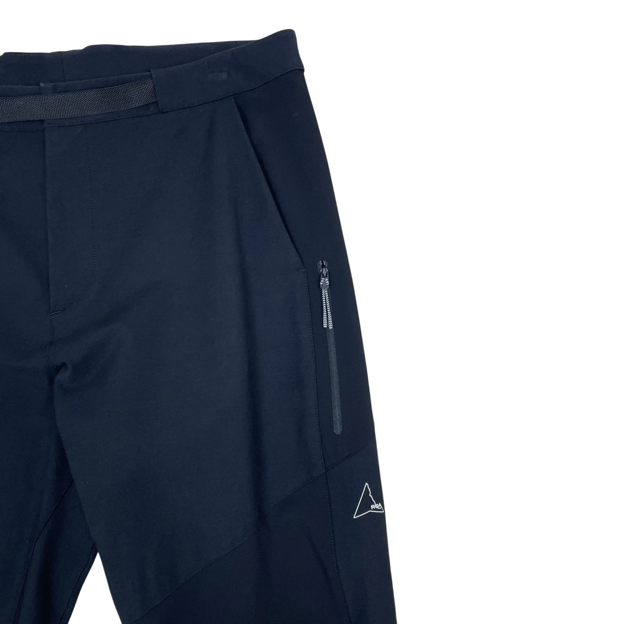 Zenno Archive ROA black softshell technical pants with zippered side pocket and white logo detail