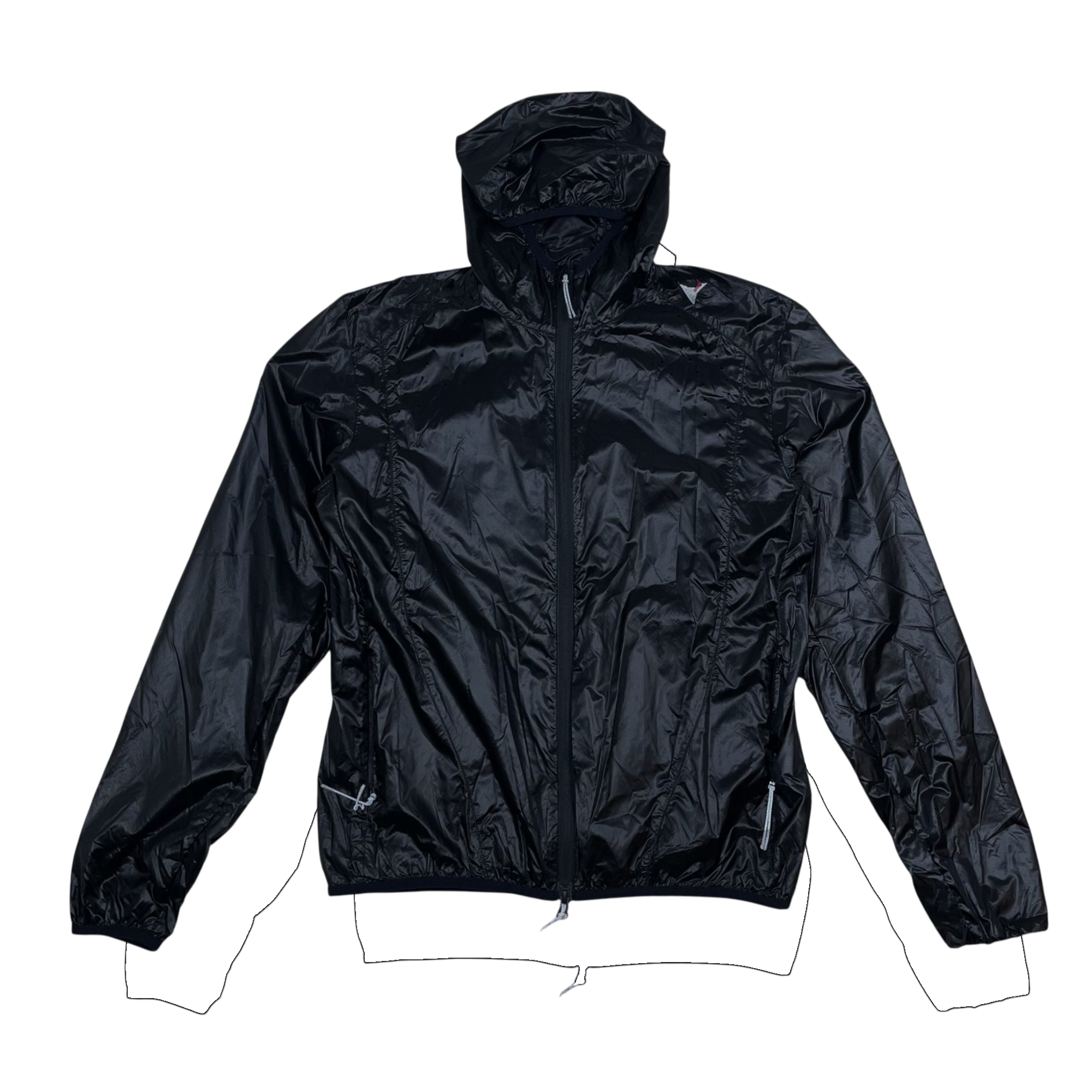 Zenno Archive ROA Hue black packable wind jacket with a hood and full zip closure, laid flat on a textured surface.