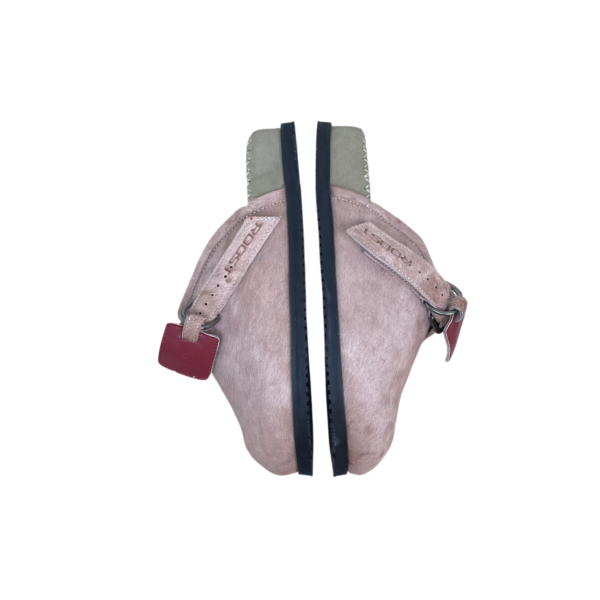 Zenno Archive Roost cowhide slippers in pink with adjustable strap and black rubber sole, size EU 44