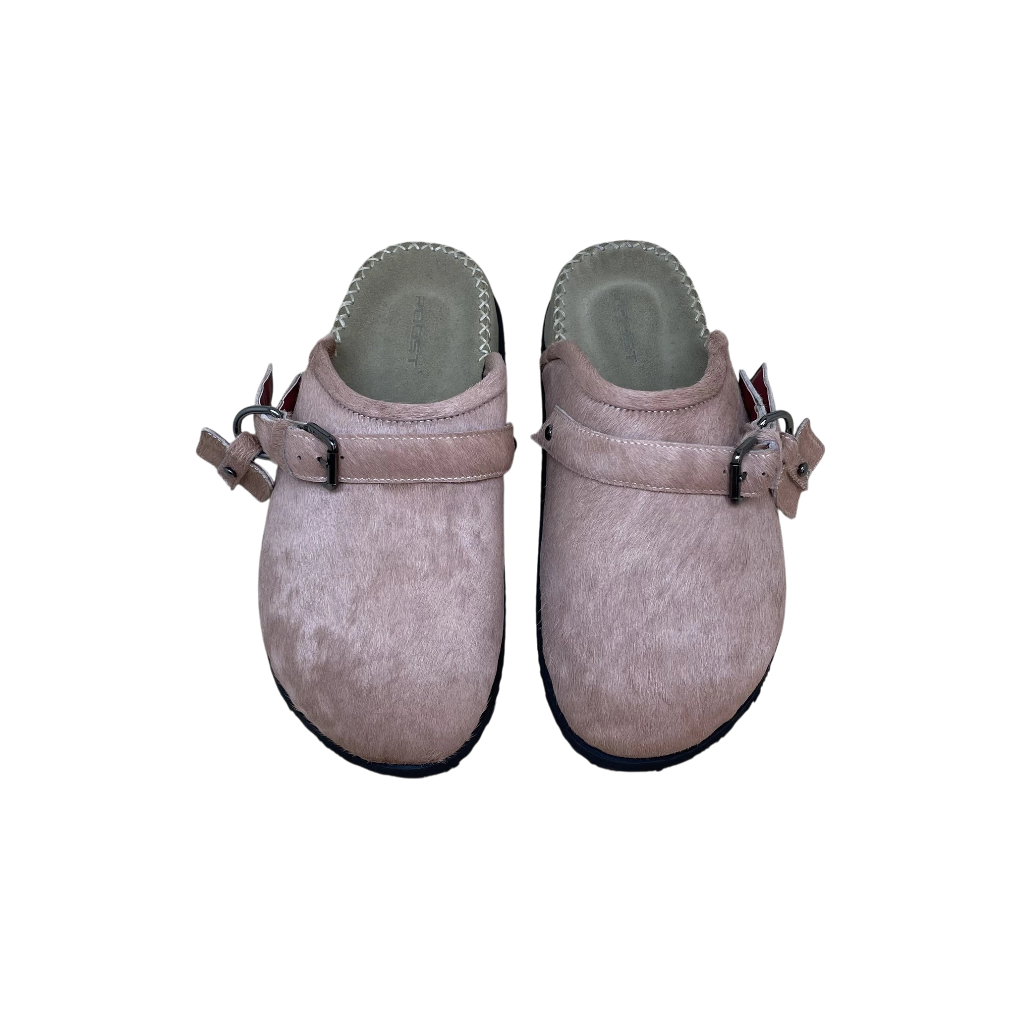 Zenno Archive Roost pink cowhide slippers with adjustable buckle straps and stitched detailing on a textured surface.