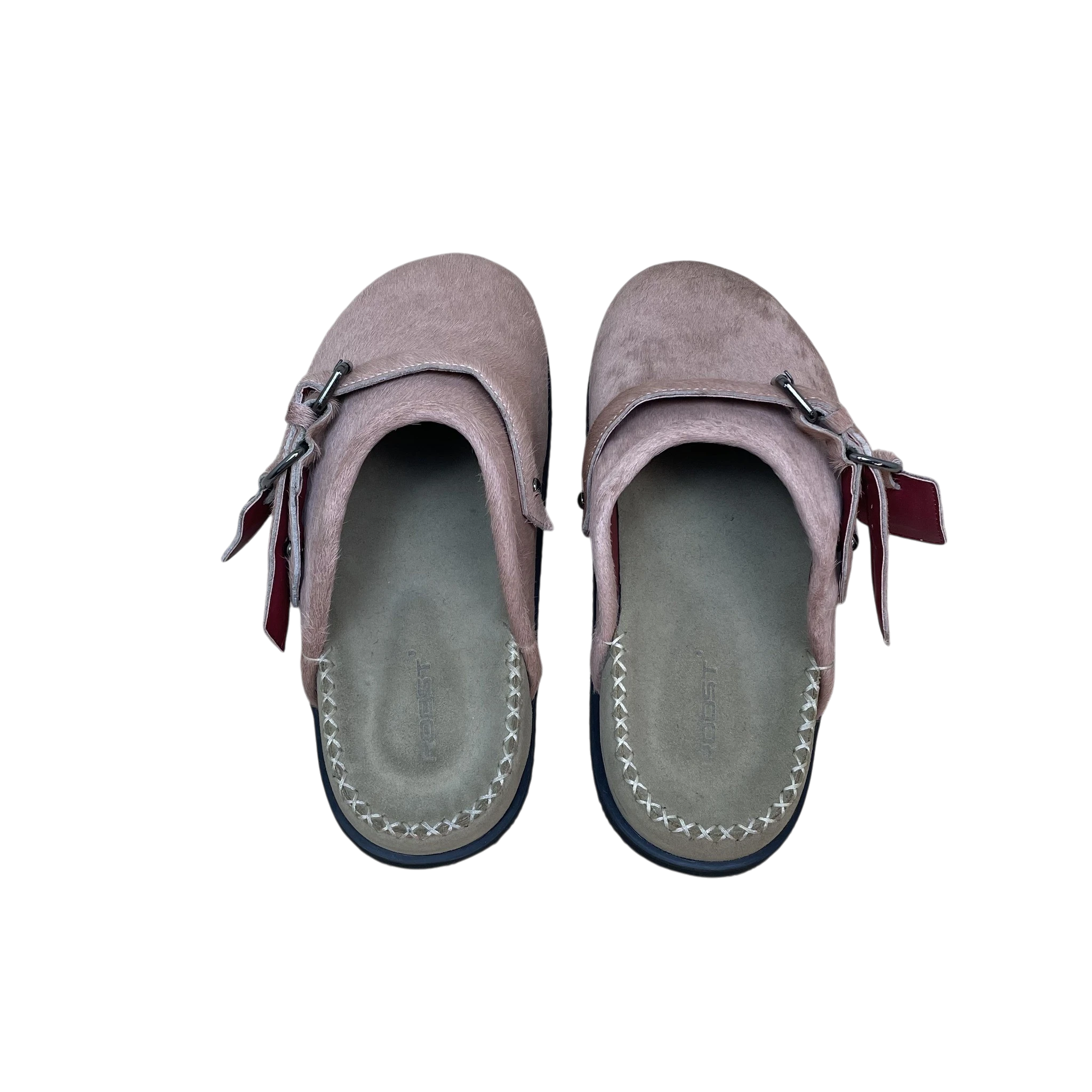 Zenno Archive Roost pink cowhide slippers with buckle strap and contrast stitched insoles, top view.