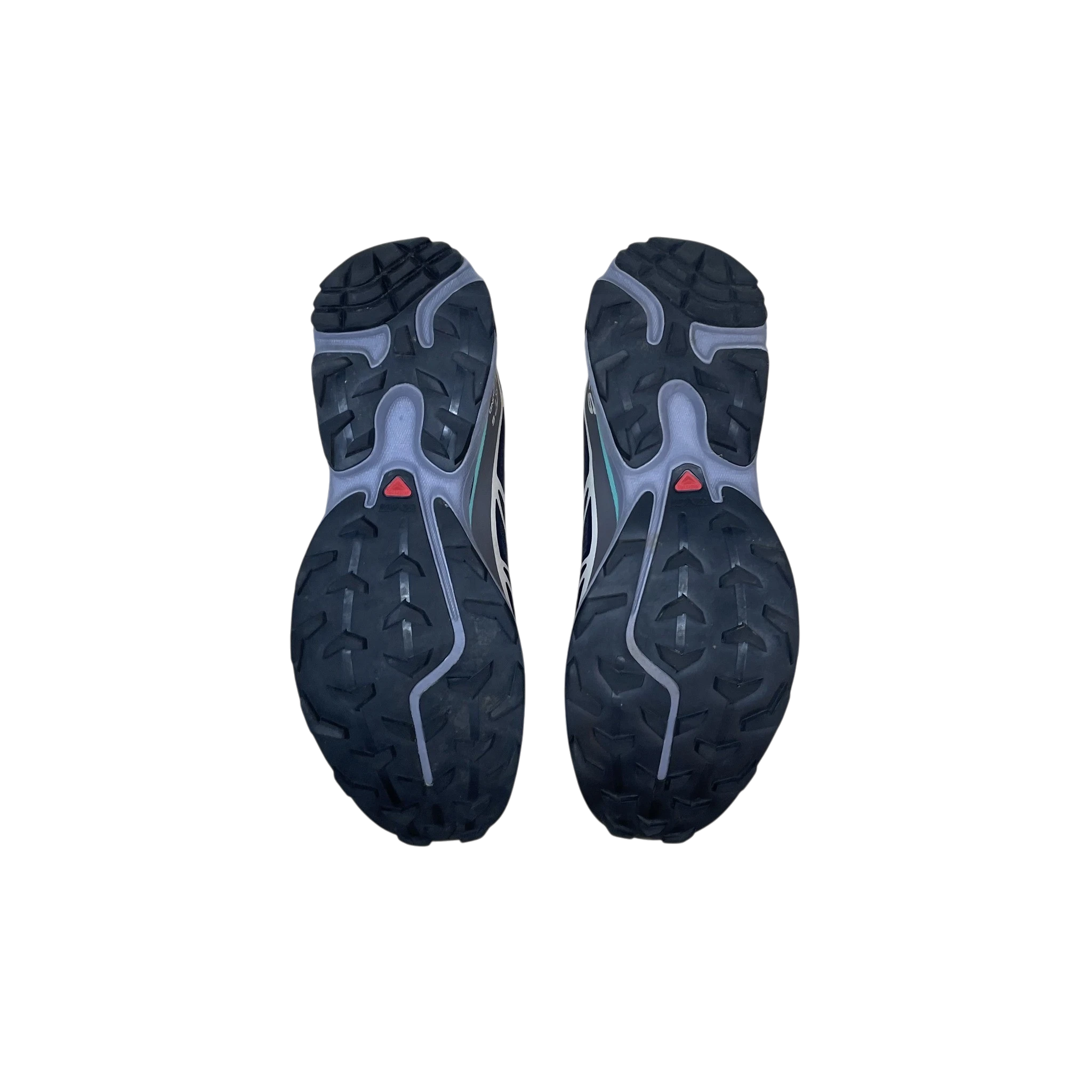 Zenno Archive Salomon XT-6 Nine Iron Waterfall sneakers showing the black rubber lugged outsoles from below