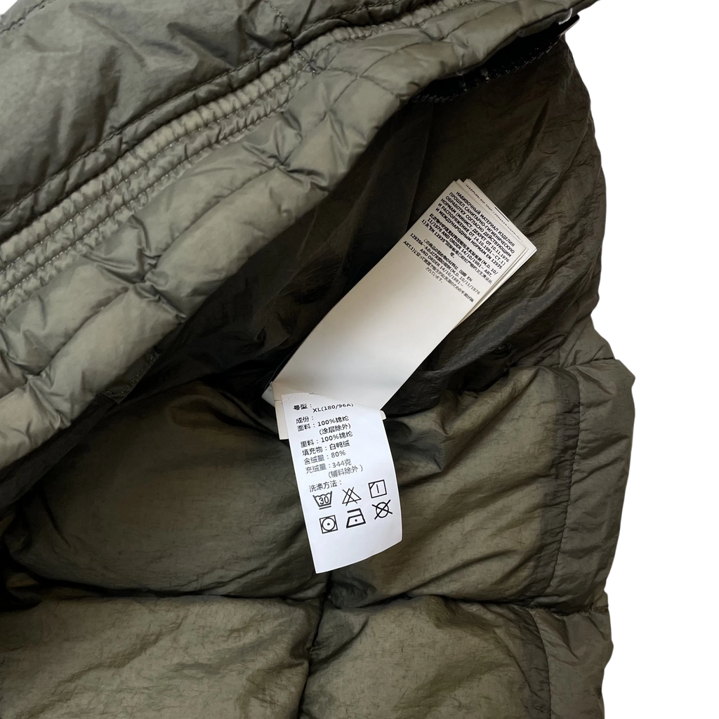 Zenno Archive Stone Island AW18 Crinkle Reps down parka interior care label and quilted army green fabric