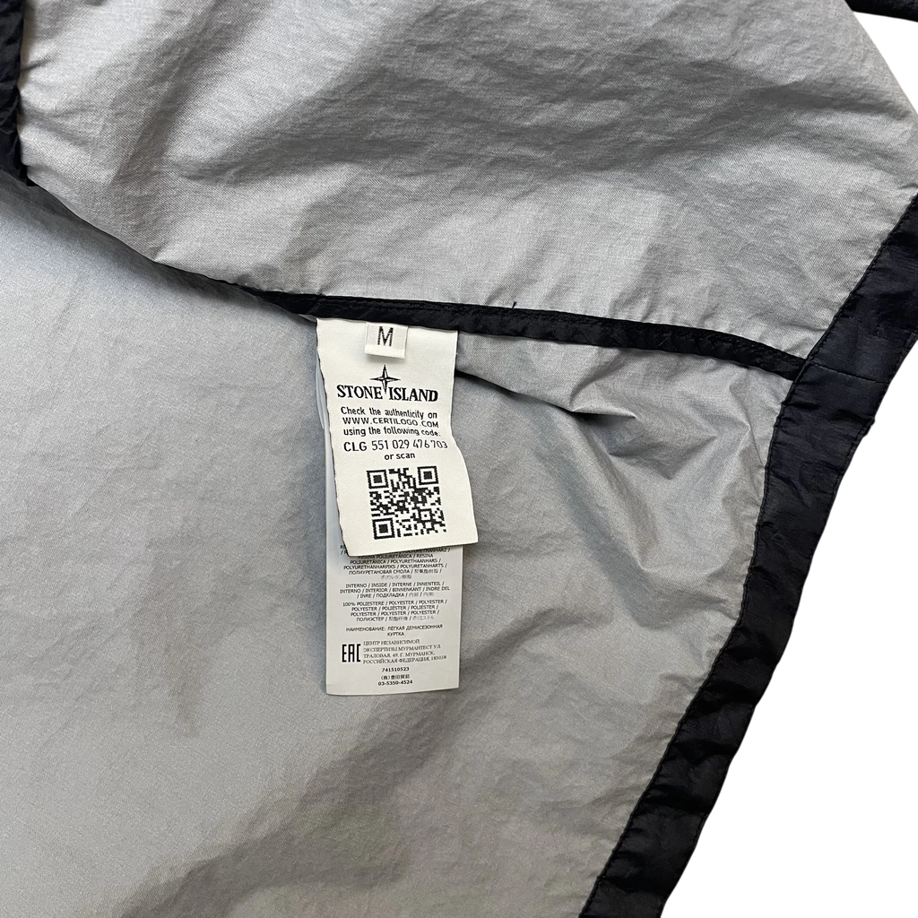 Zenno Archive Stone Island Membrana 3L TC overshirt interior label with Certilogo QR code and size M tag
