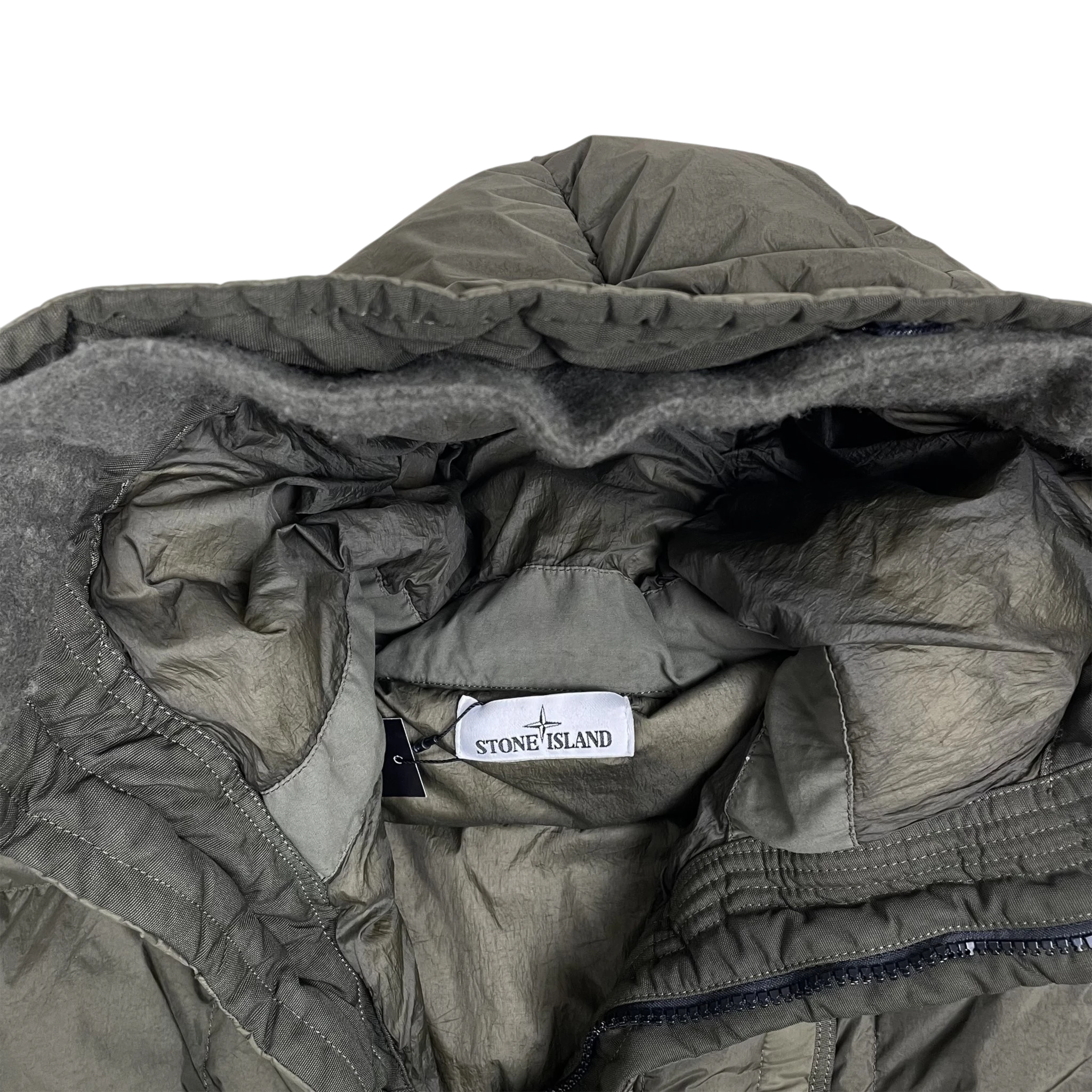 Zenno Archive Stone Island AW18 Crinkle Reps NY down parka jacket in army green with hood and interior brand label