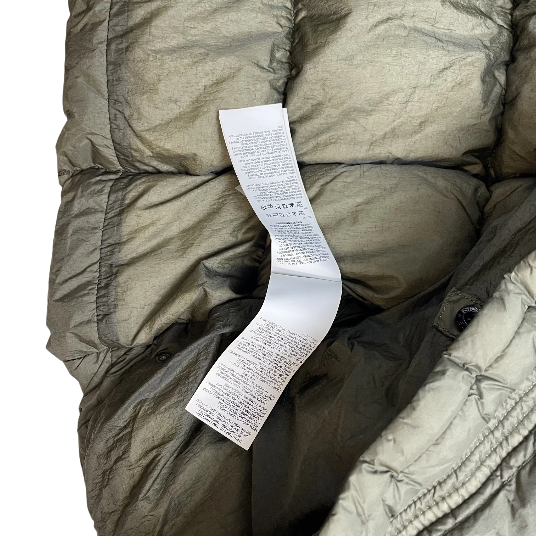 Zenno Archive Stone Island AW18 Crinkle Reps NY down parka interior with care label in army green crinkled nylon