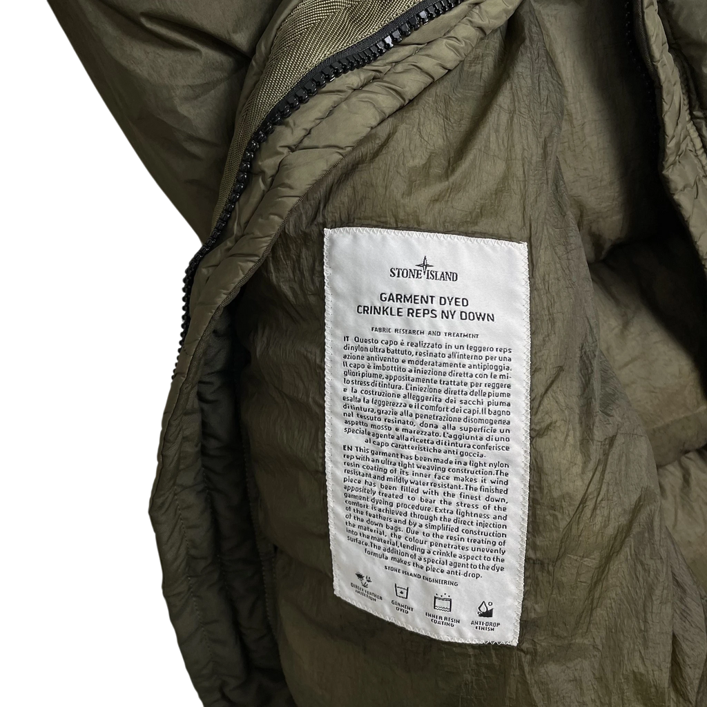 Zenno Archive Stone Island AW18 Crinkle Reps NY down parka jacket in army green featuring interior product label