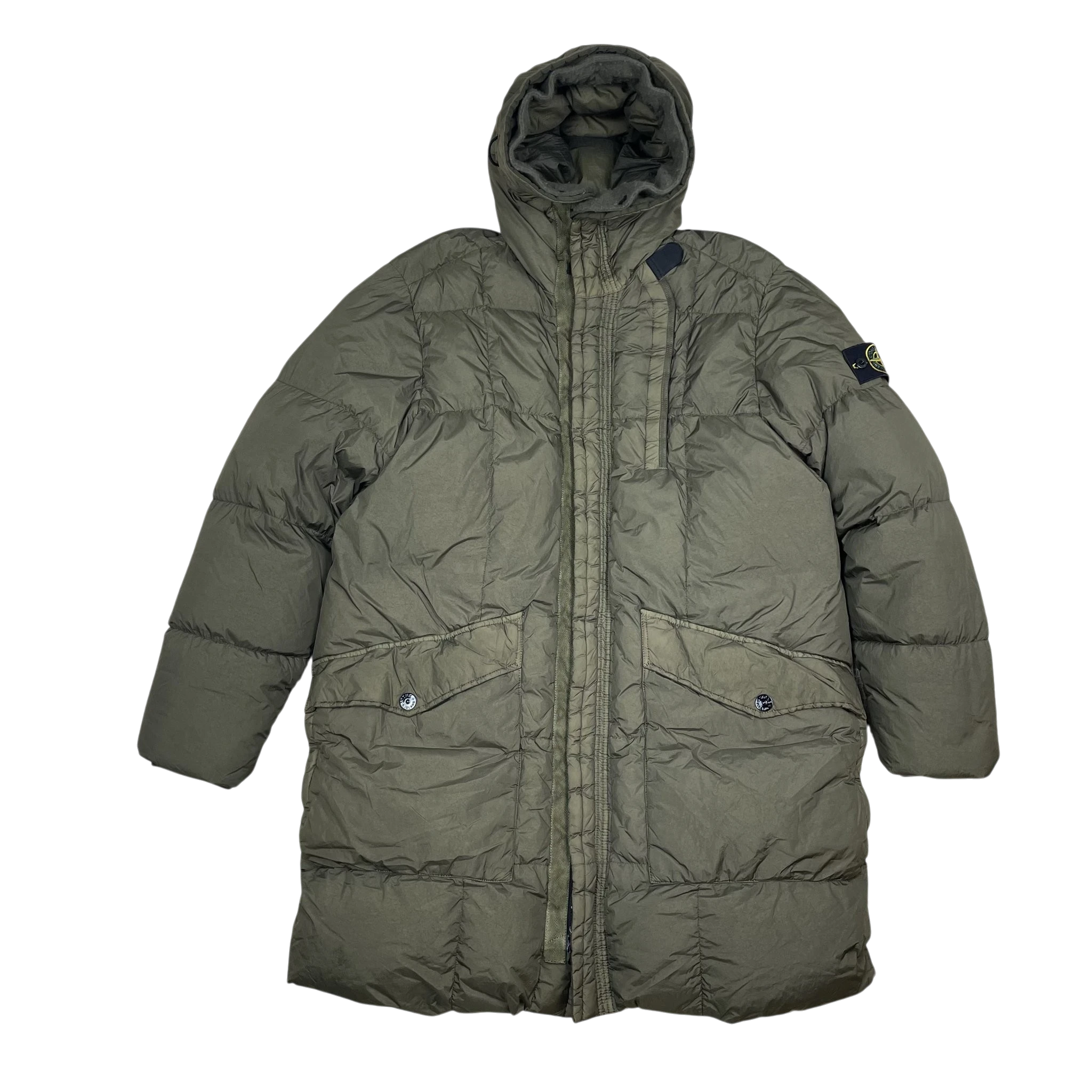 Zenno Archive Stone Island AW18 Crinkle Reps NY down parka jacket in army green with hood and signature sleeve patch