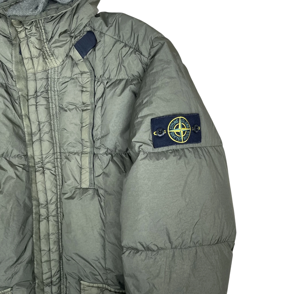 Zenno Archive Stone Island AW18 Crinkle Reps NY down parka jacket in army green with iconic sleeve compass patch