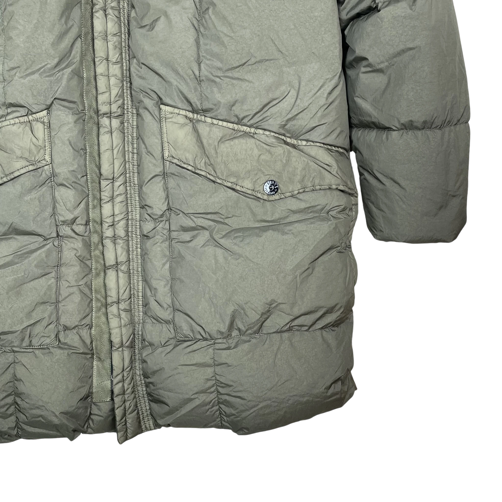 Zenno Archive Stone Island AW18 Crinkle Reps NY down parka jacket in army green with front flap pockets