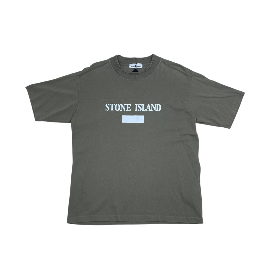 Zenno Archive Stone Island olive green short sleeve t-shirt with white reflective logo print on chest