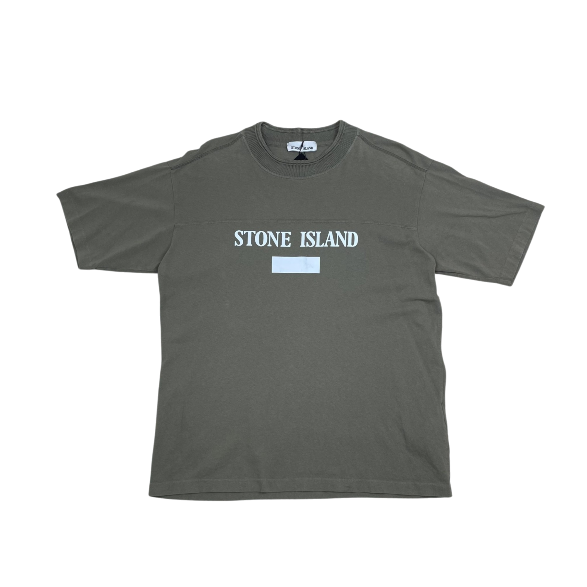 Zenno Archive Stone Island olive green short sleeve t-shirt with white reflective logo print on chest
