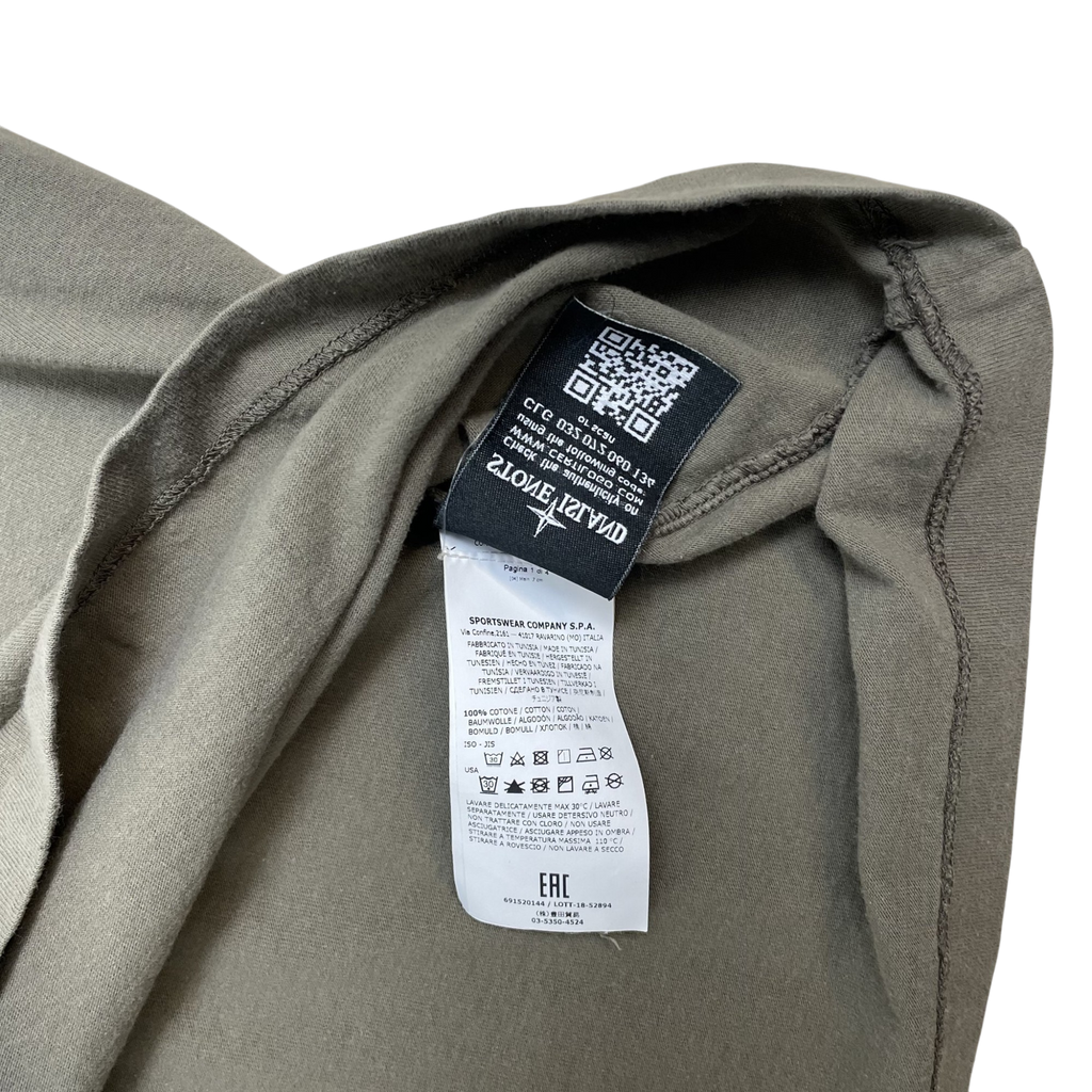 Zenno Archive Stone Island green cotton t-shirt interior neck label with QR code and care instructions