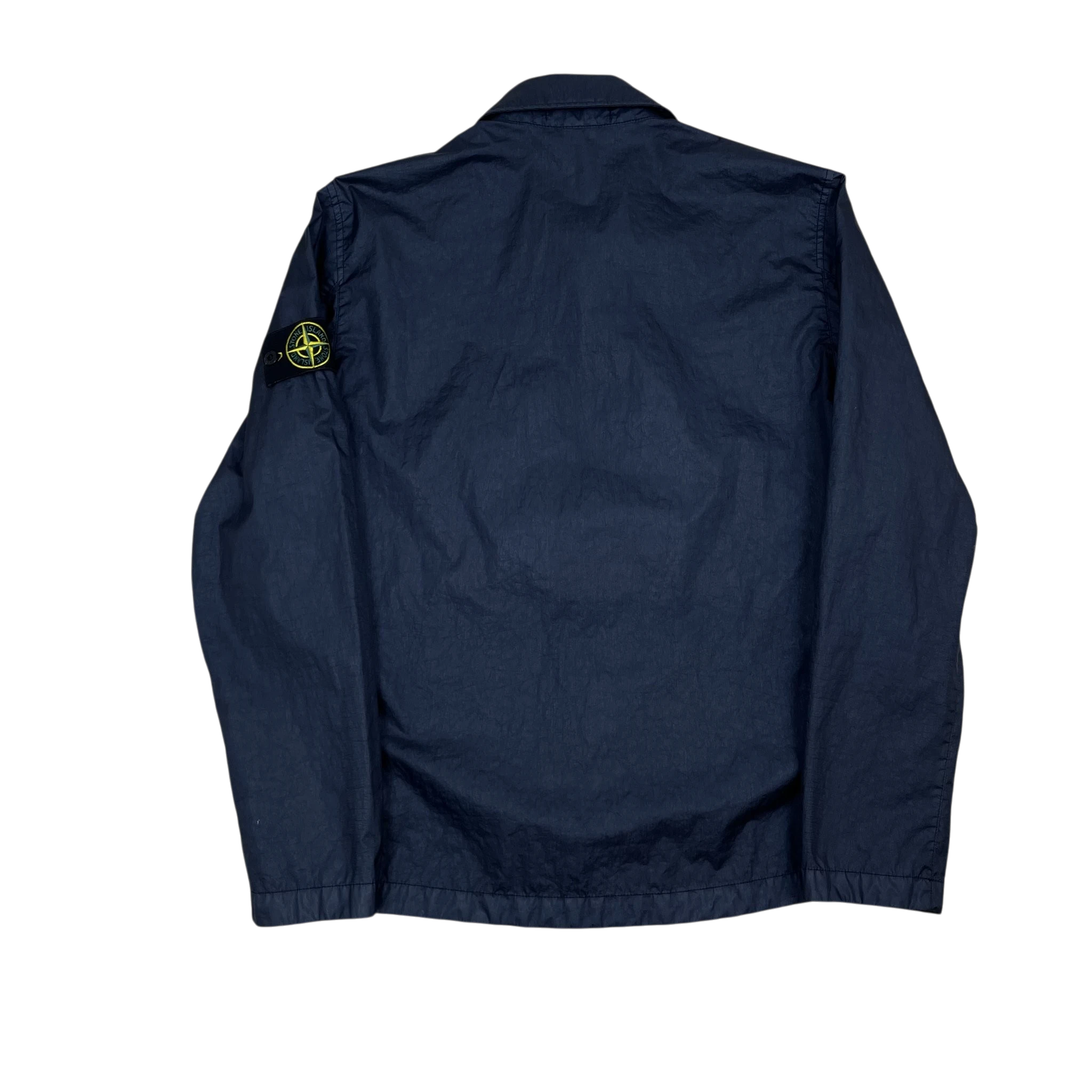 Zenno Archive Stone Island Membrana 3L TC navy zip overshirt with iconic compass patch on the sleeve, back view.