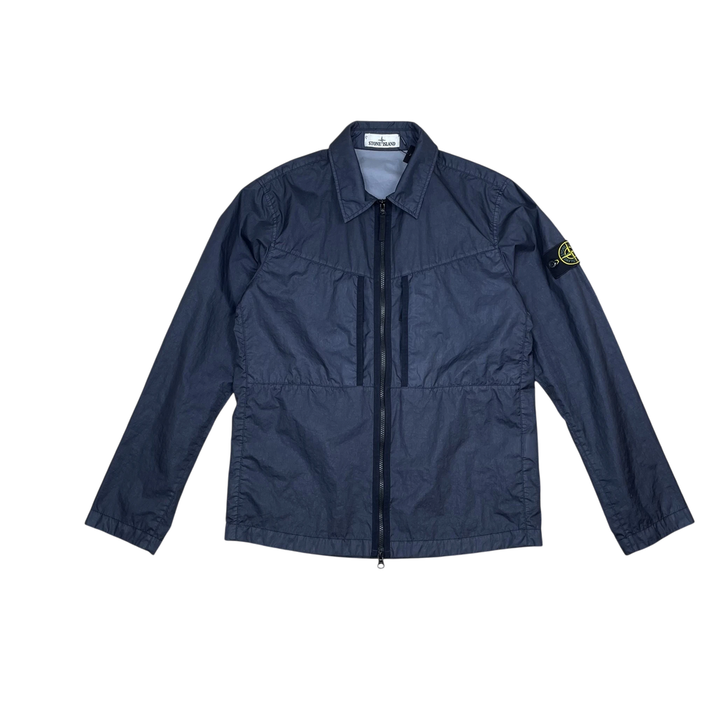 Zenno Archive Stone Island Membrana 3L TC navy blue zip-up overshirt with multi-pocket design and iconic arm patch