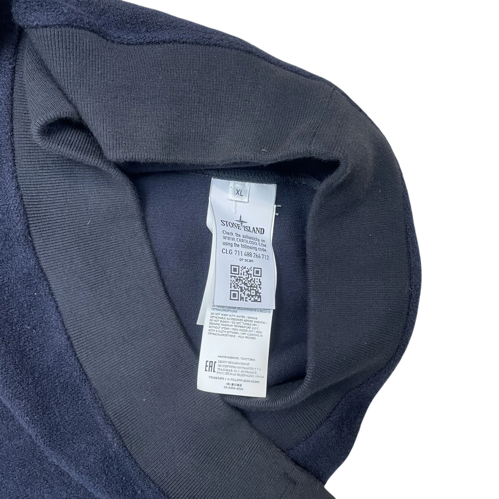 Zenno Archive Stone Island FW20 navy wool blend sweatshirt interior neck label with size XL and authenticity QR code