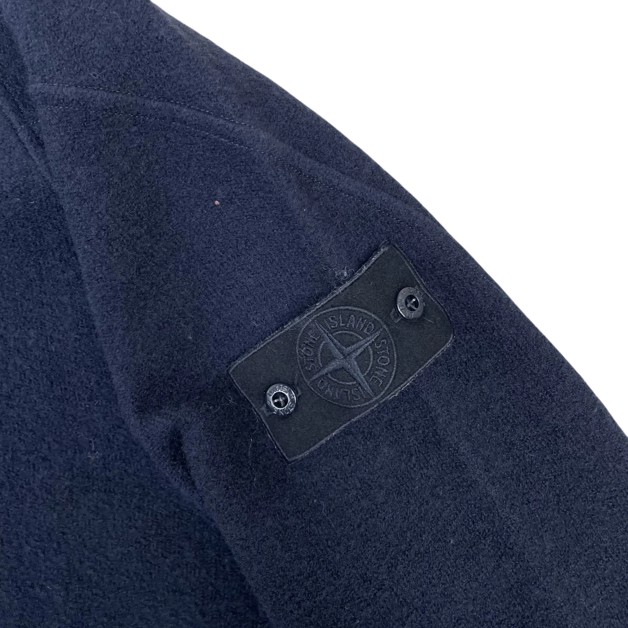 Zenno Archive Stone Island FW20 Ghost Badge navy wool blend sweatshirt with tonal monochromatic sleeve patch
