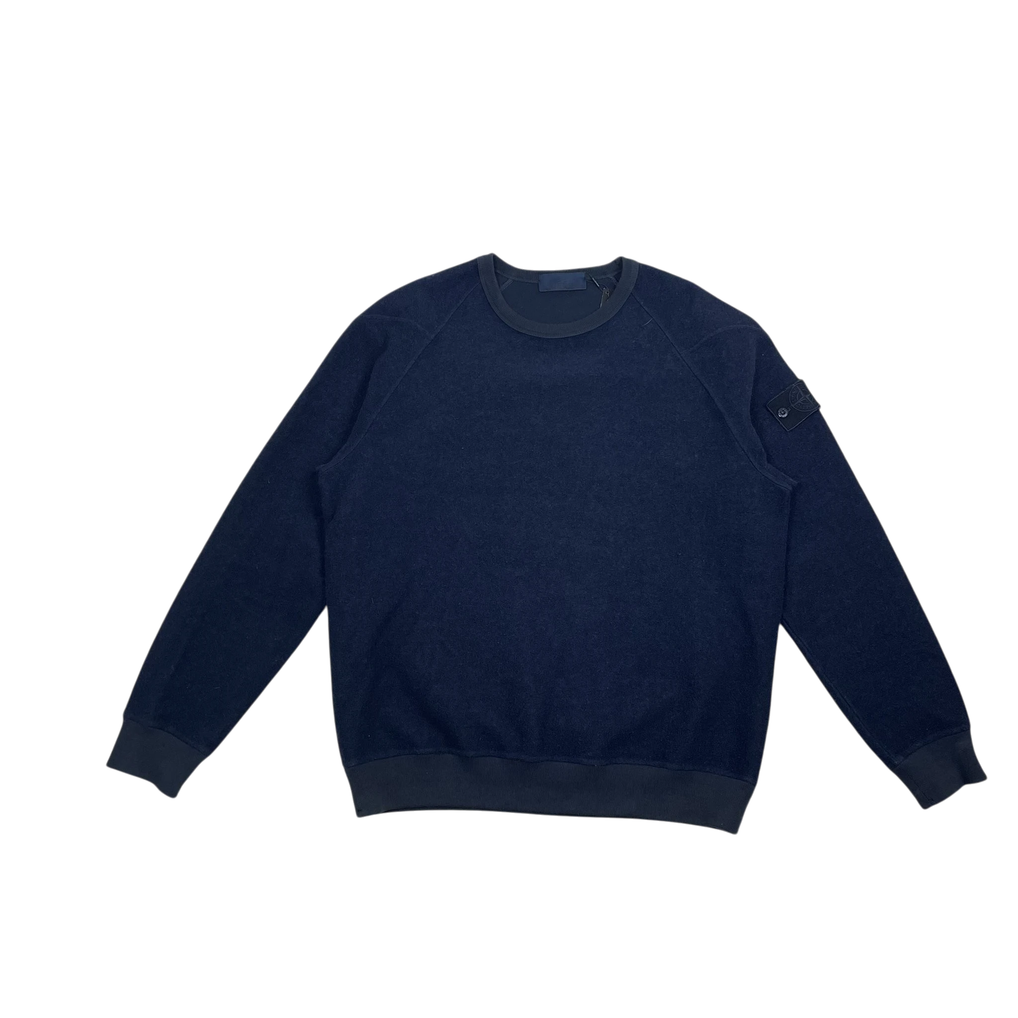Zenno Archive Stone Island FW20 navy wool blend sweatshirt with signature ghost badge on the sleeve