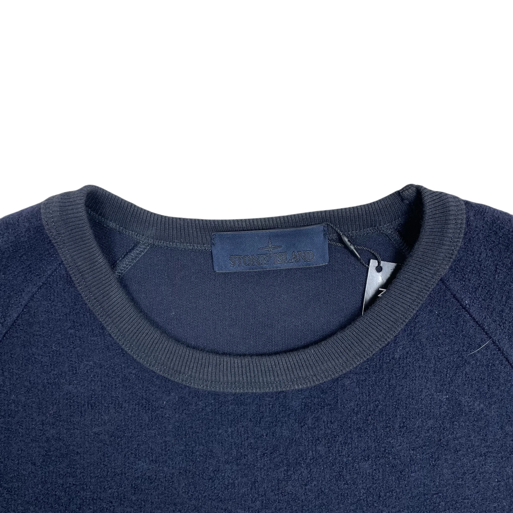 Zenno Archive Stone Island FW20 navy wool blend sweatshirt featuring a ribbed crew neck and branded inner label