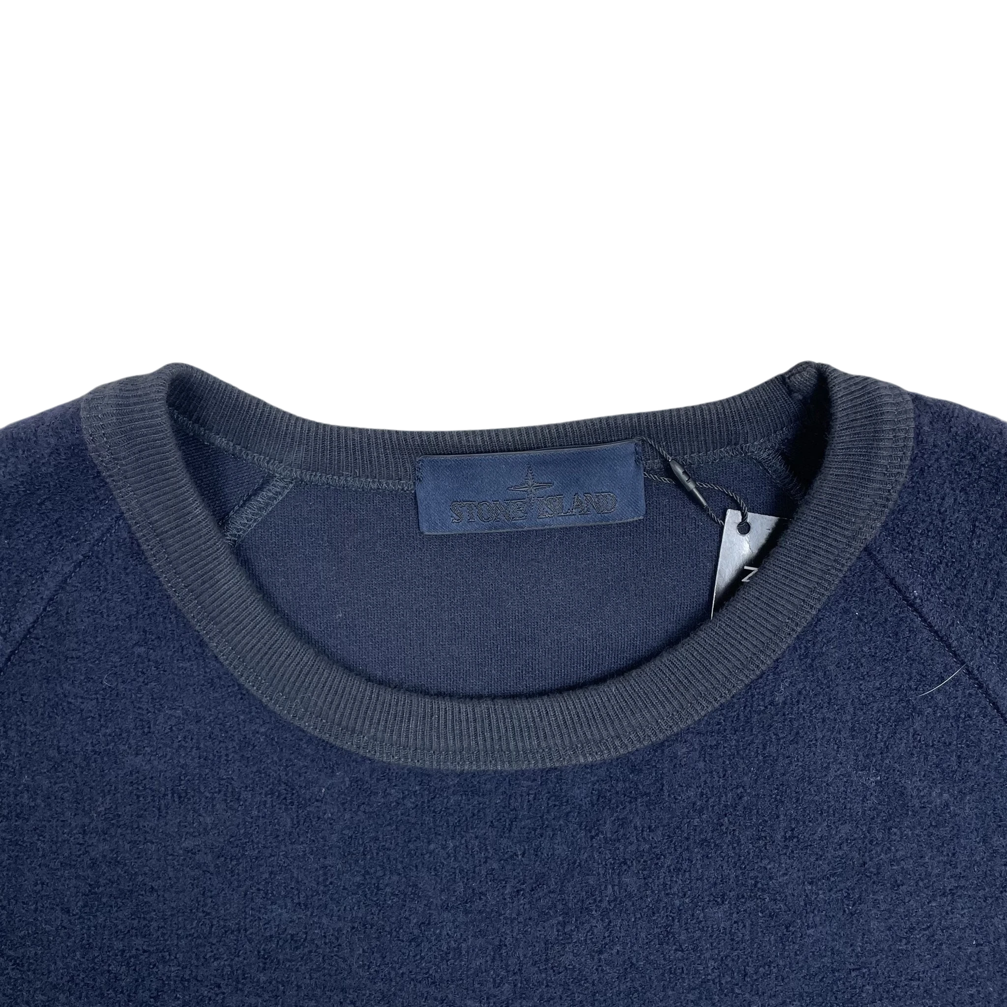 Zenno Archive Stone Island FW20 navy wool blend sweatshirt featuring a ribbed crew neck and branded inner label