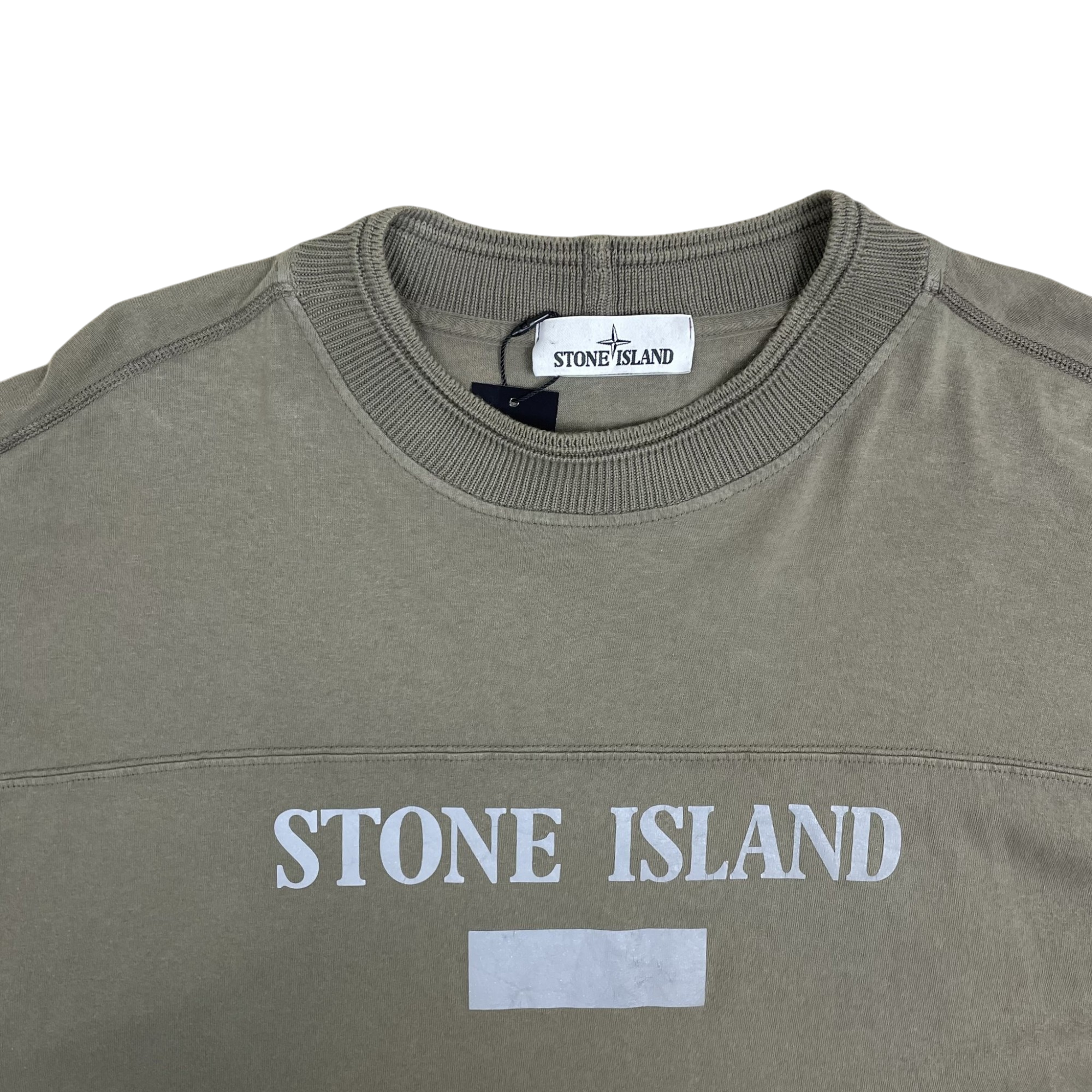 Zenno Archive Stone Island olive green cotton t-shirt with reflective 3M logo print and ribbed crew neck collar