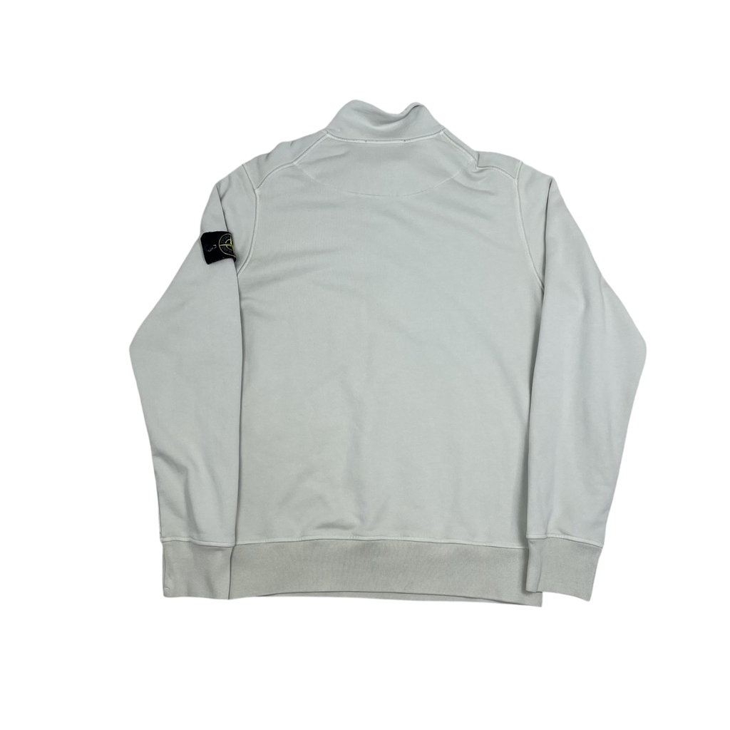 Zenno Archive Stone Island garment-dyed pale blue quarter-zip sweatshirt with iconic sleeve badge, back view.