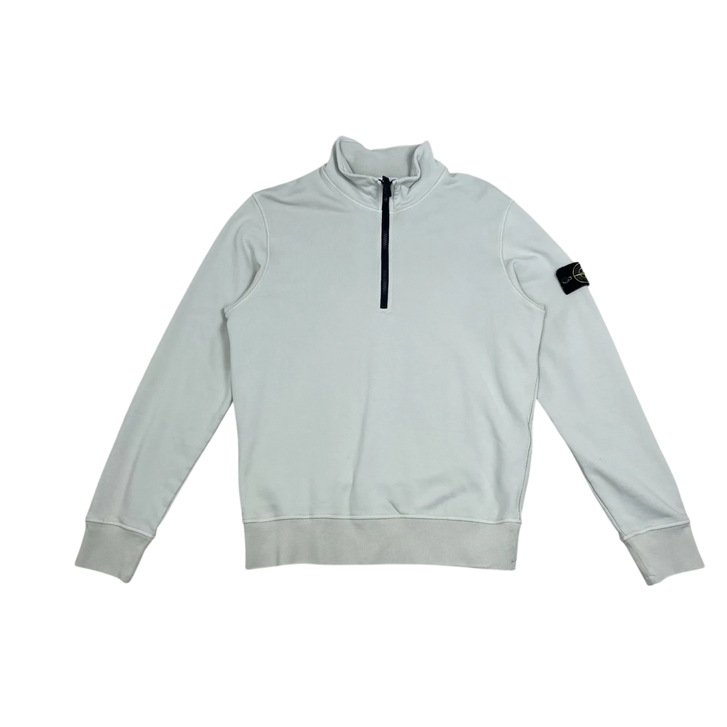 Zenno Archive Stone Island garment-dyed quarter-zip sweatshirt in pale blue with iconic sleeve patch logo