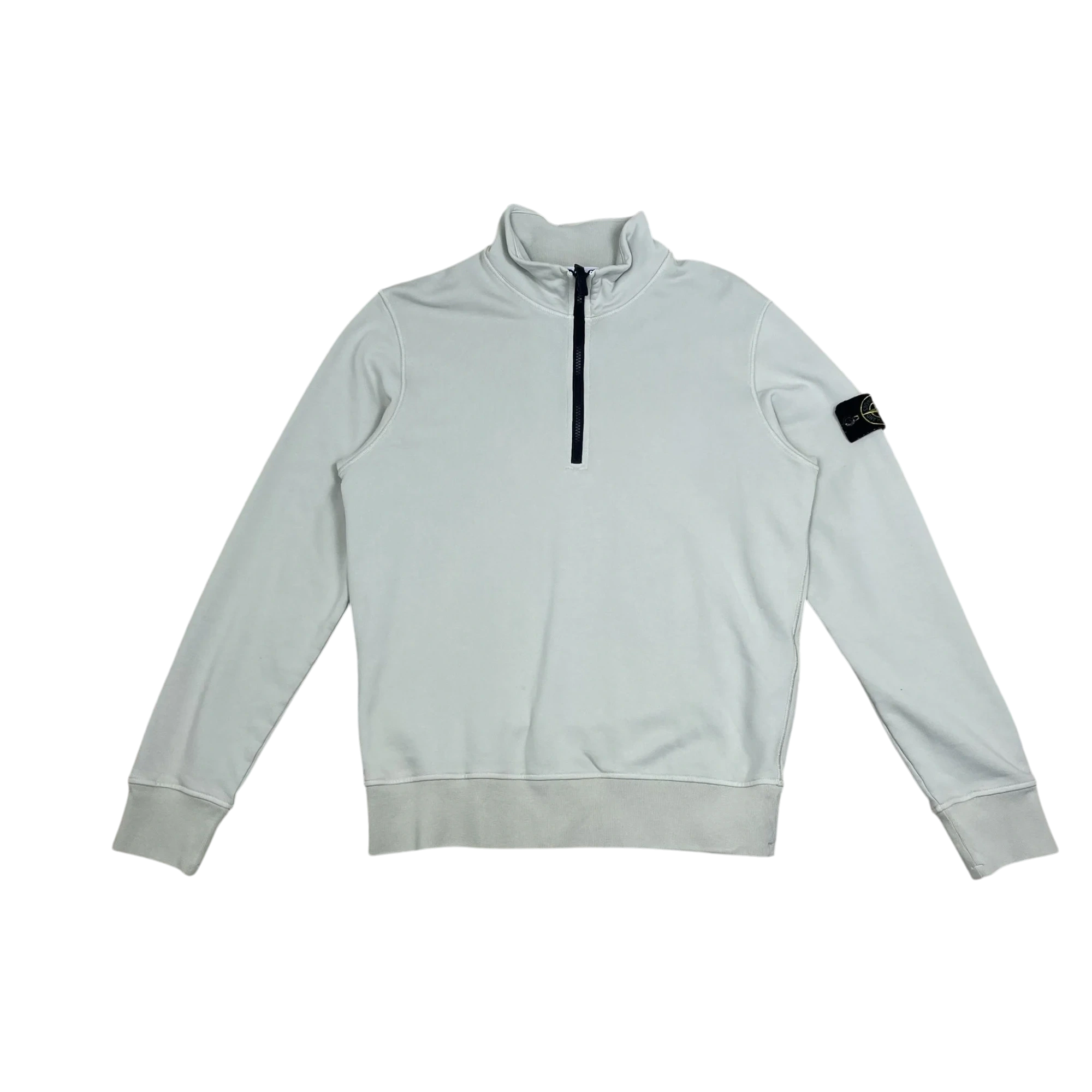 Zenno Archive Stone Island garment-dyed quarter-zip sweatshirt in pale blue with iconic sleeve patch logo