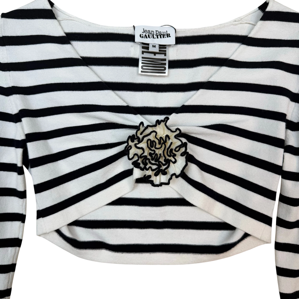 Zenno Archive Jean Paul Gaultier black and white striped crop top featuring a central floral appliqué detail