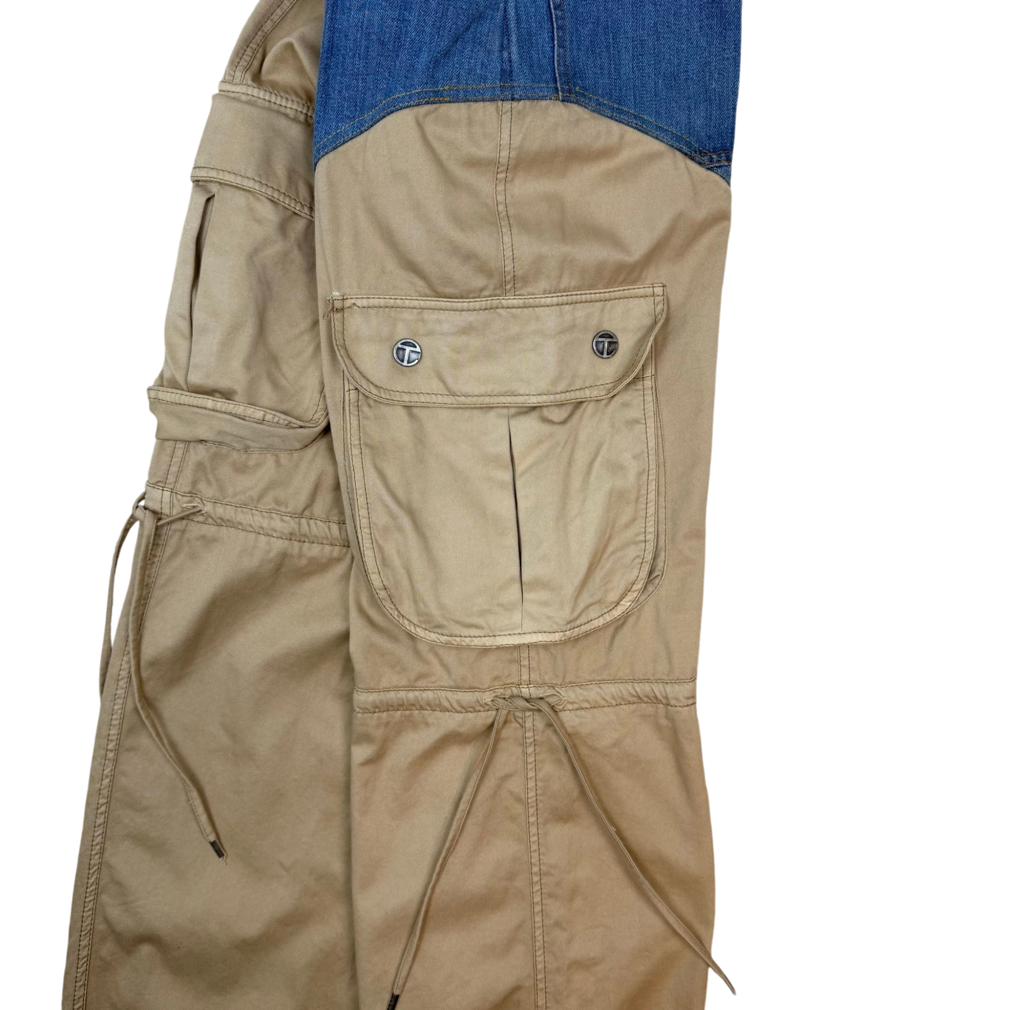 Zenno Archive Telfar denim and khaki cargo pants featuring large side pockets with branded silver hardware