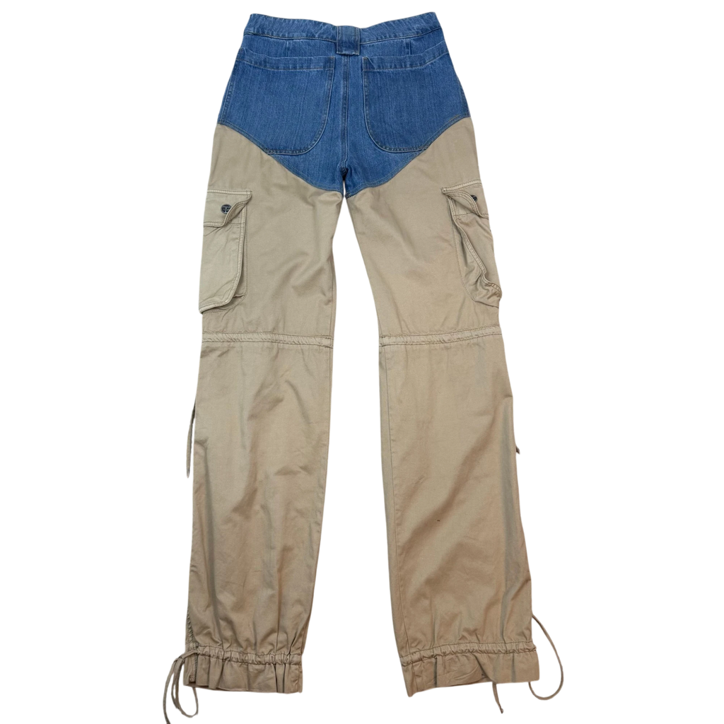 Zenno Archive Telfar combination denim and khaki cargo pants with side pockets and drawstring cuffs