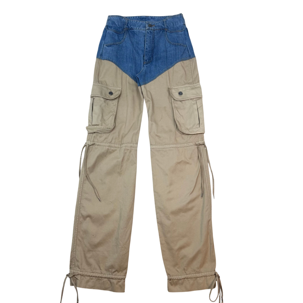 Zenno Archive Telfar combination denim and khaki cargo pants with utility pockets and adjustable drawstring cuffs