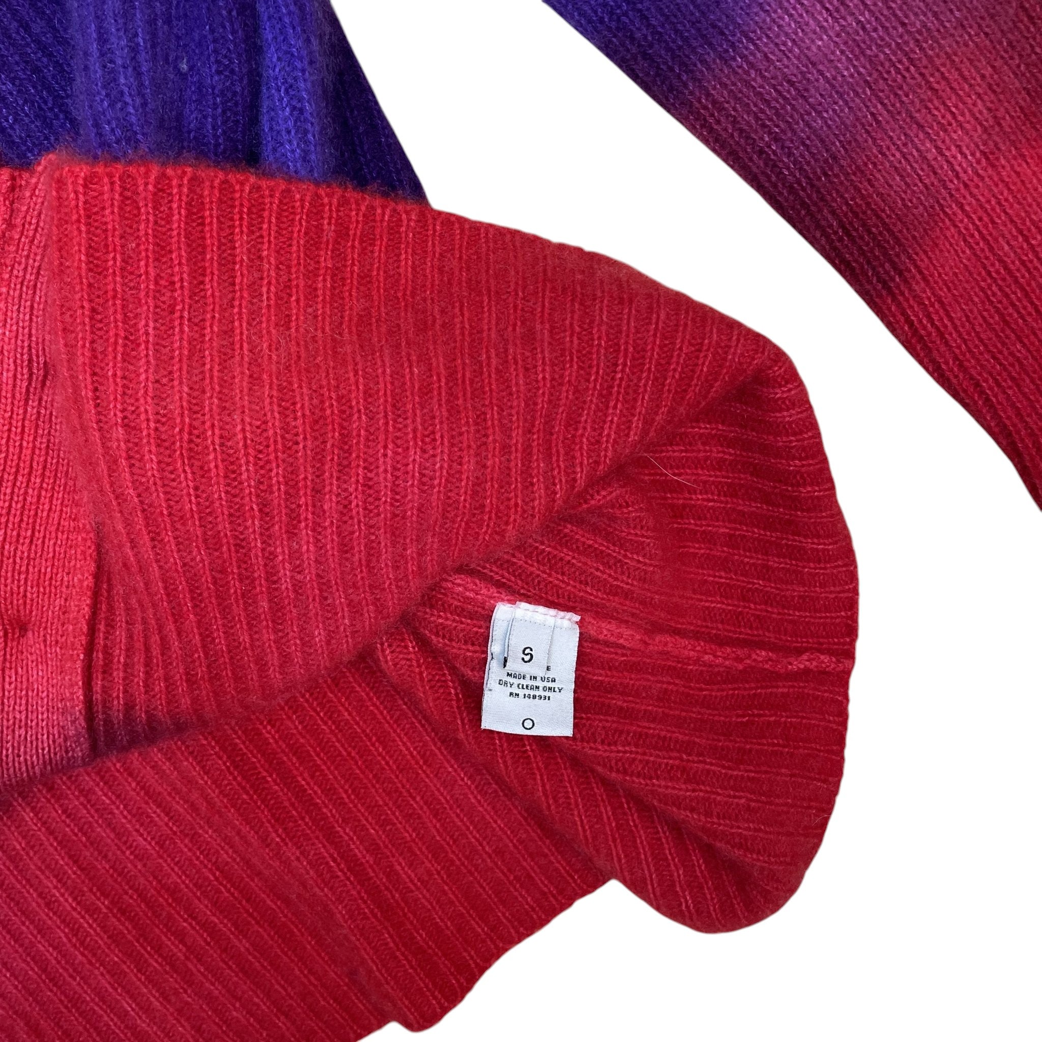 Zenno Archive The Elder Statesman cashmere cardigan in ombré purple and red with size S tag detail