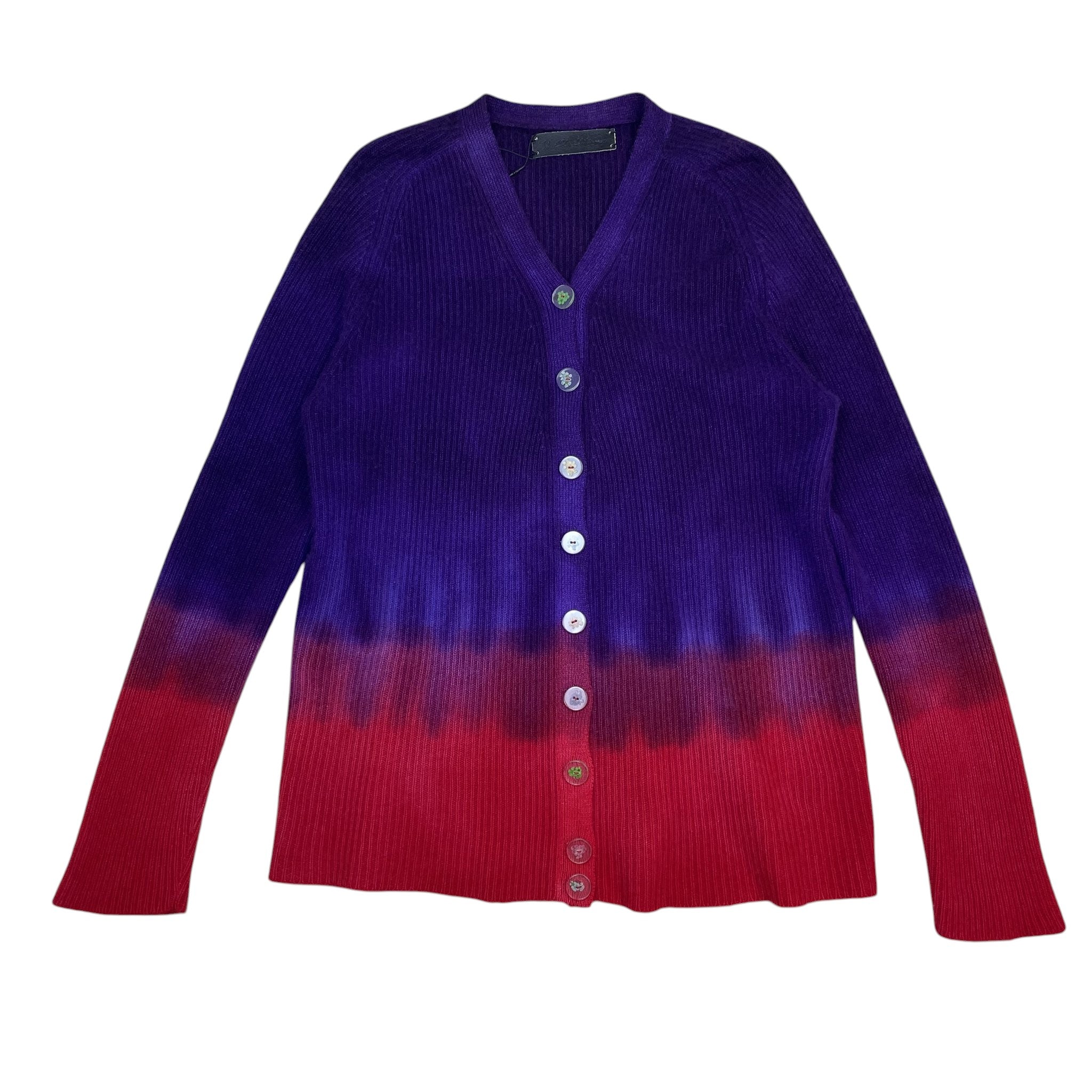Zenno Archive The Elder Statesman cashmere cardigan featuring a vibrant purple to red ombré tie-dye ribbed knit design.