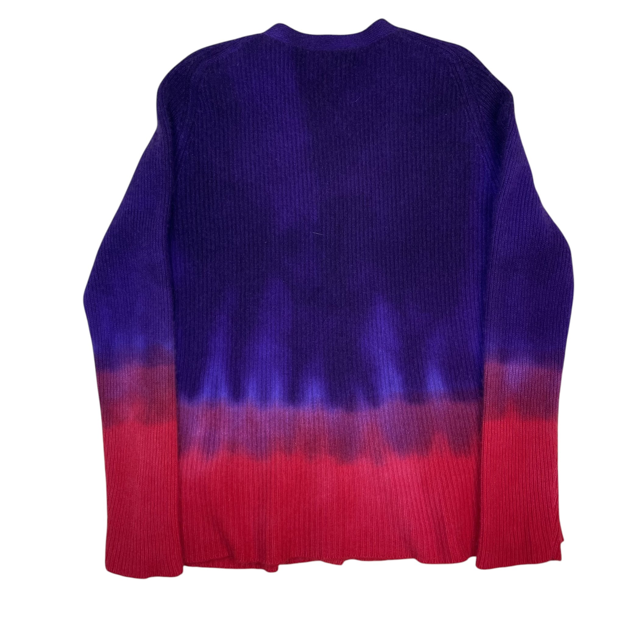 Zenno Archive The Elder Statesman cashmere cardigan featuring a purple to red ombré tie-dye ribbed knit design