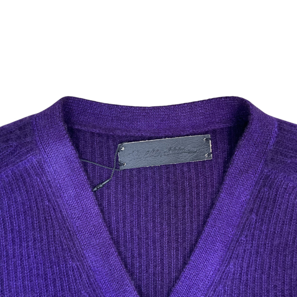 Zenno Archive The Elder Statesman purple cashmere cardigan with ribbed texture and branded leather neck label