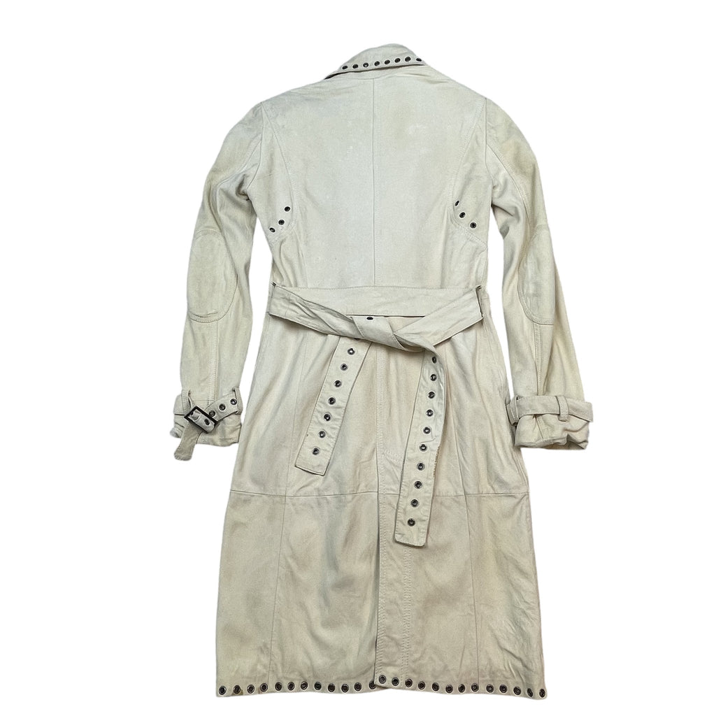 Zenno Archive vintage Versace 90s light yellow suede trench coat with metal eyelet detailing and belted waist