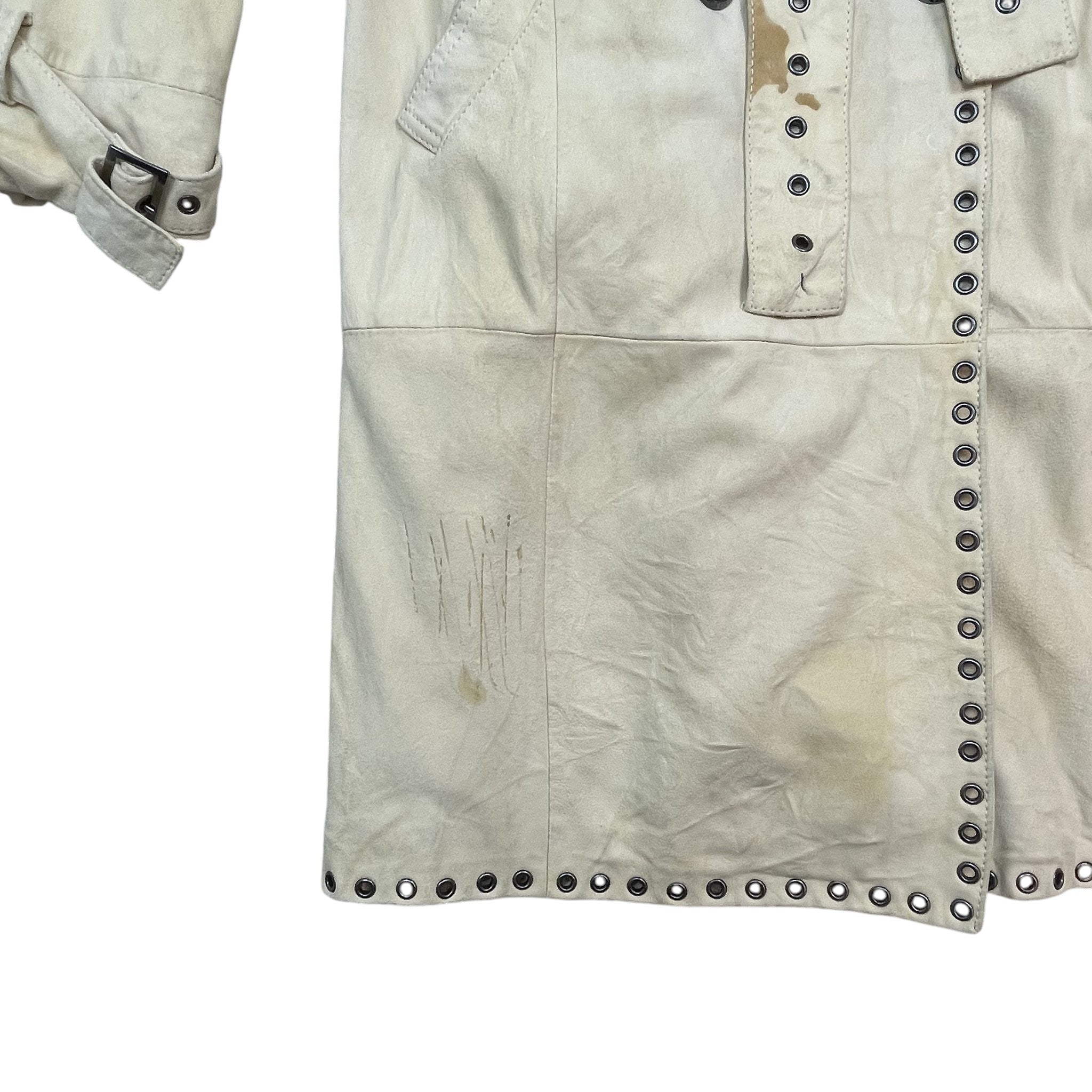 Zenno Archive vintage Versace 90s light yellow suede coat featuring silver eyelet detailing and button closure