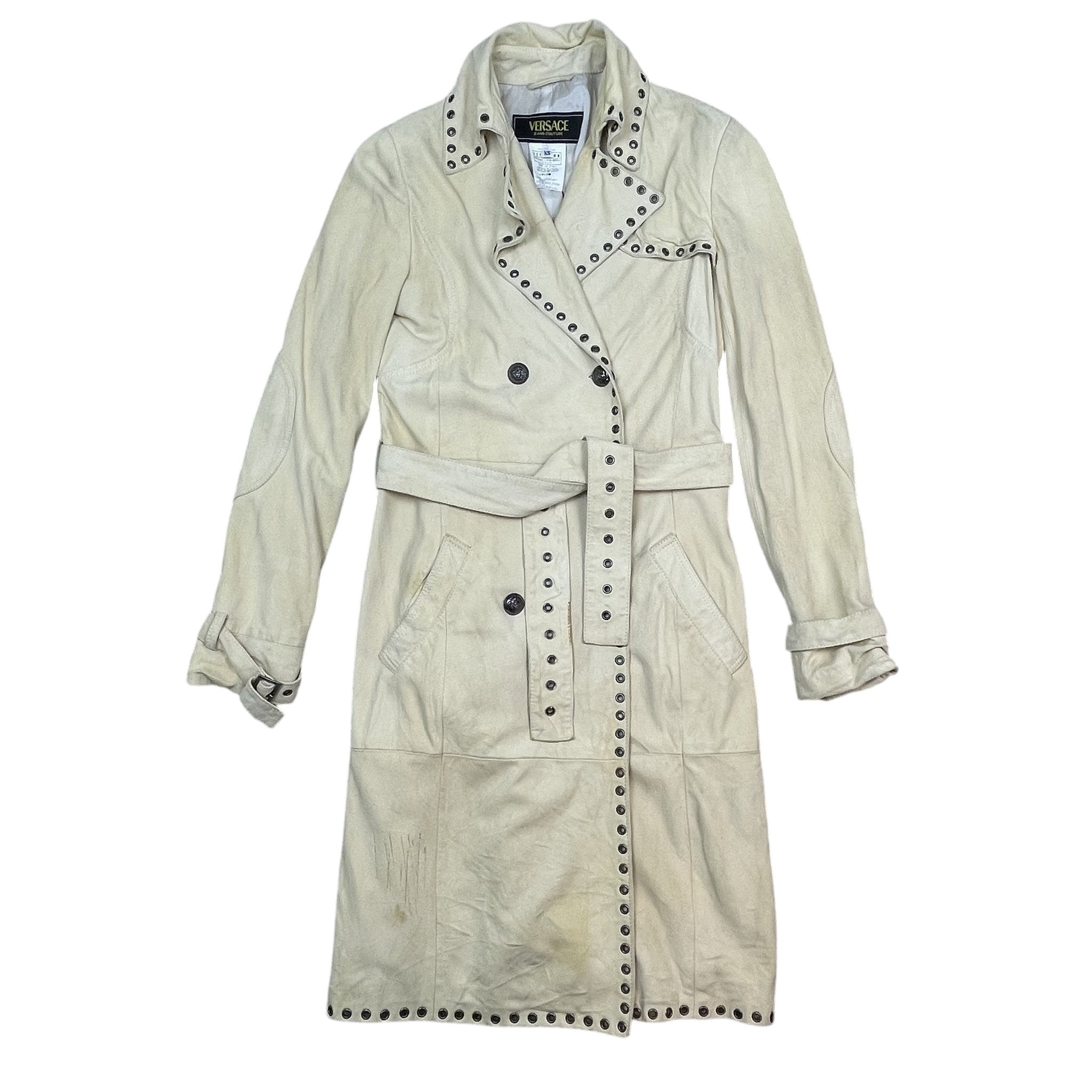 Zenno Archive vintage Versace 90s light yellow suede trench coat with metal eyelet detailing and belted waist